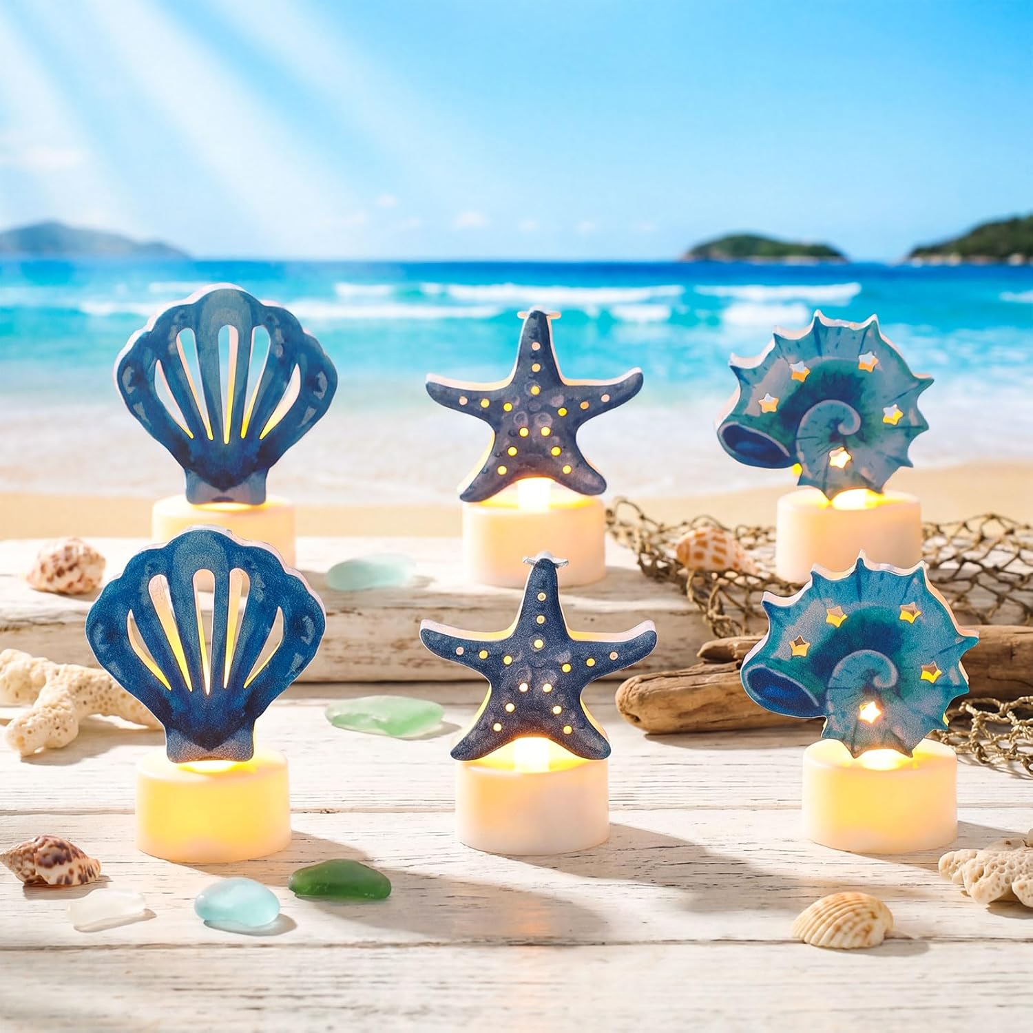 VIHOSE 6 Pcs Coastal Tea Lights Candles Decor Blue Starfish Conch Shell LED Battery Beach Candles Flameless Fake Votive Ocean Tealight Nautical Seaside Table Centerpieces Summer Holiday Party Decor
