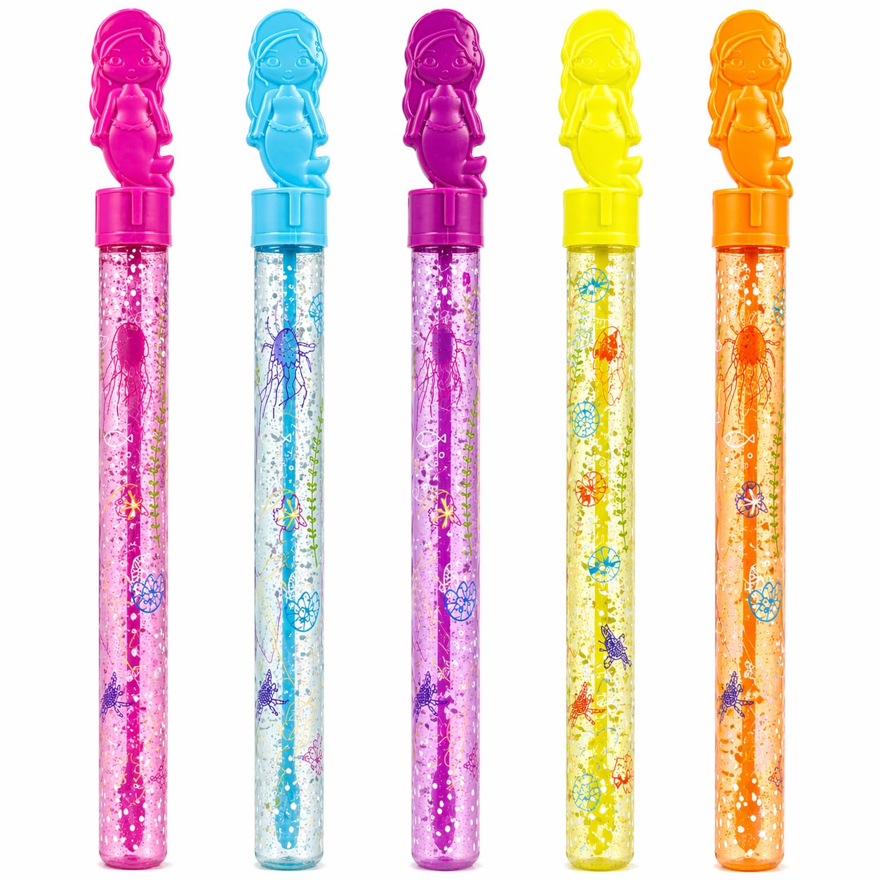 Mermaid Bubble Wands 35cm Pack of 5 Scented Kids Bubble Toys Party Bag Fillers Outdoor Garden Summer Fun Long Bubble Wand Swords with Solution 118ml Each Fruit Scented Assorted Colours Age 3+
