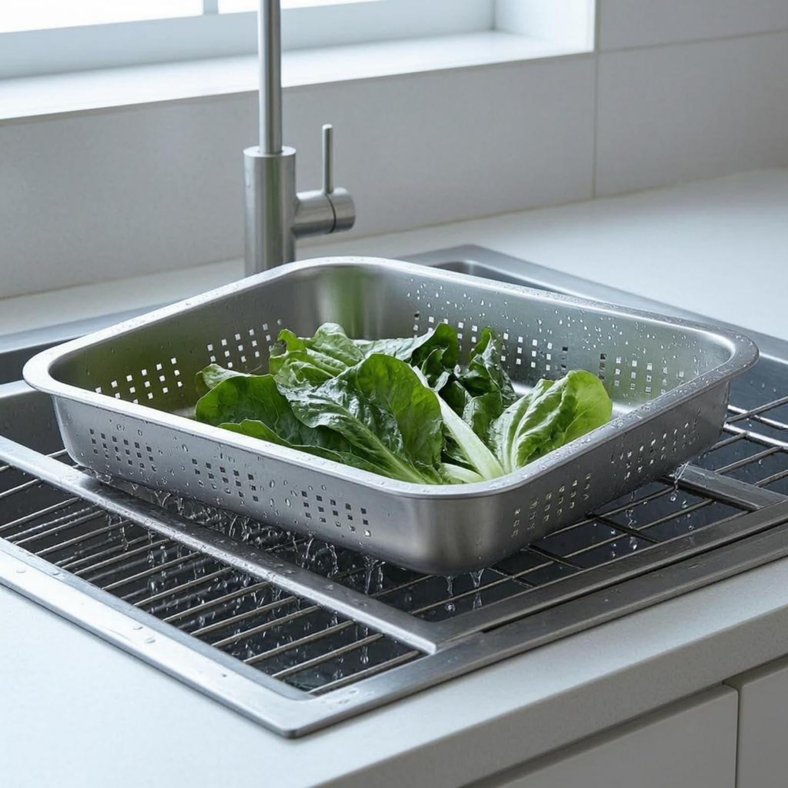 Vassoio Fondo Piatto Angoli Arrotondati Finitura Argento Vassoio Forato in Acciaio Inox Ventilato Recipiente, Vassoio Quadrato Perforato 304, 70×50×4.8cm