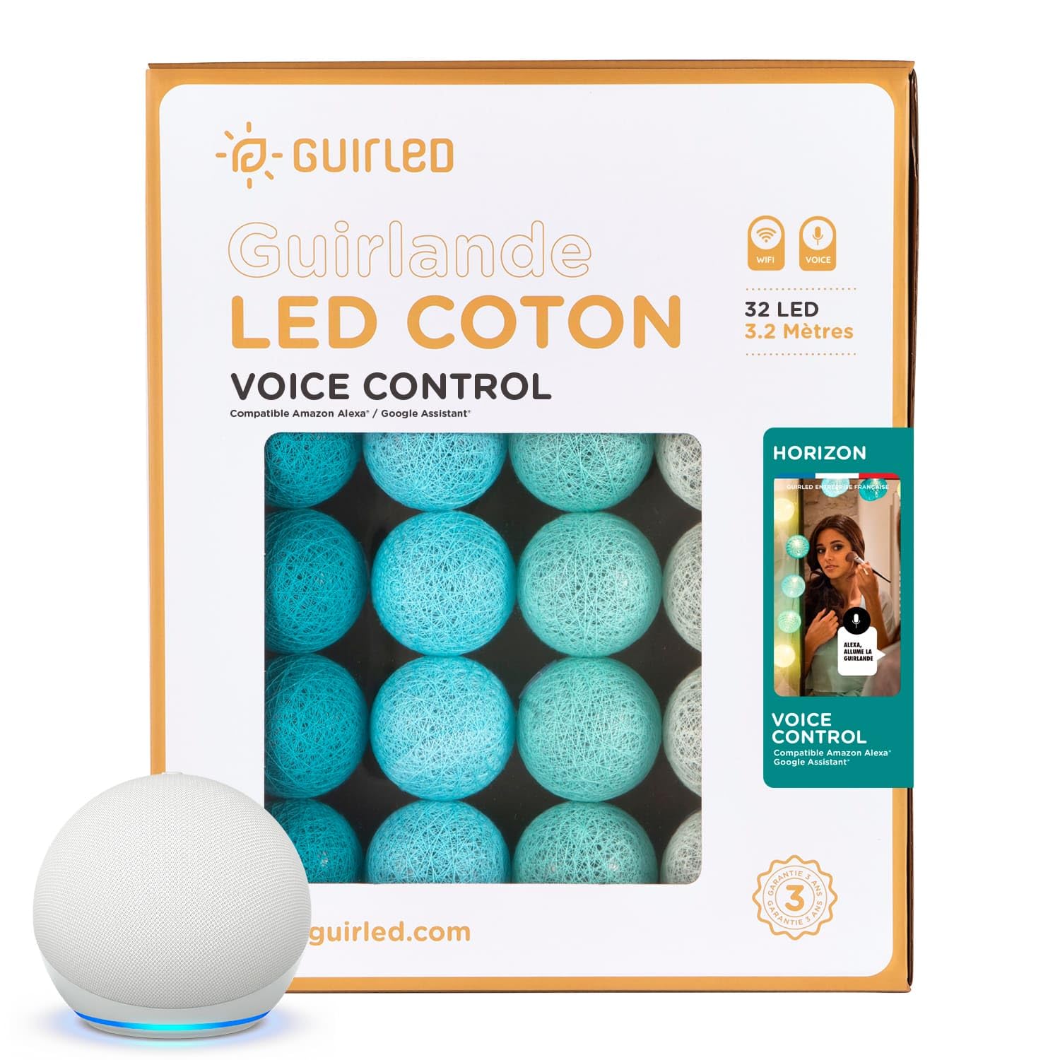 GuirLED - LED Baumwollkugeln Lichterkette WIFI USB - Sprachsteuerung - Connected Home - Amazon Alexa & Google Assistant - 2xUSB-Netzadapter enthalten - 32 Kugeln 3,2m - Horizon