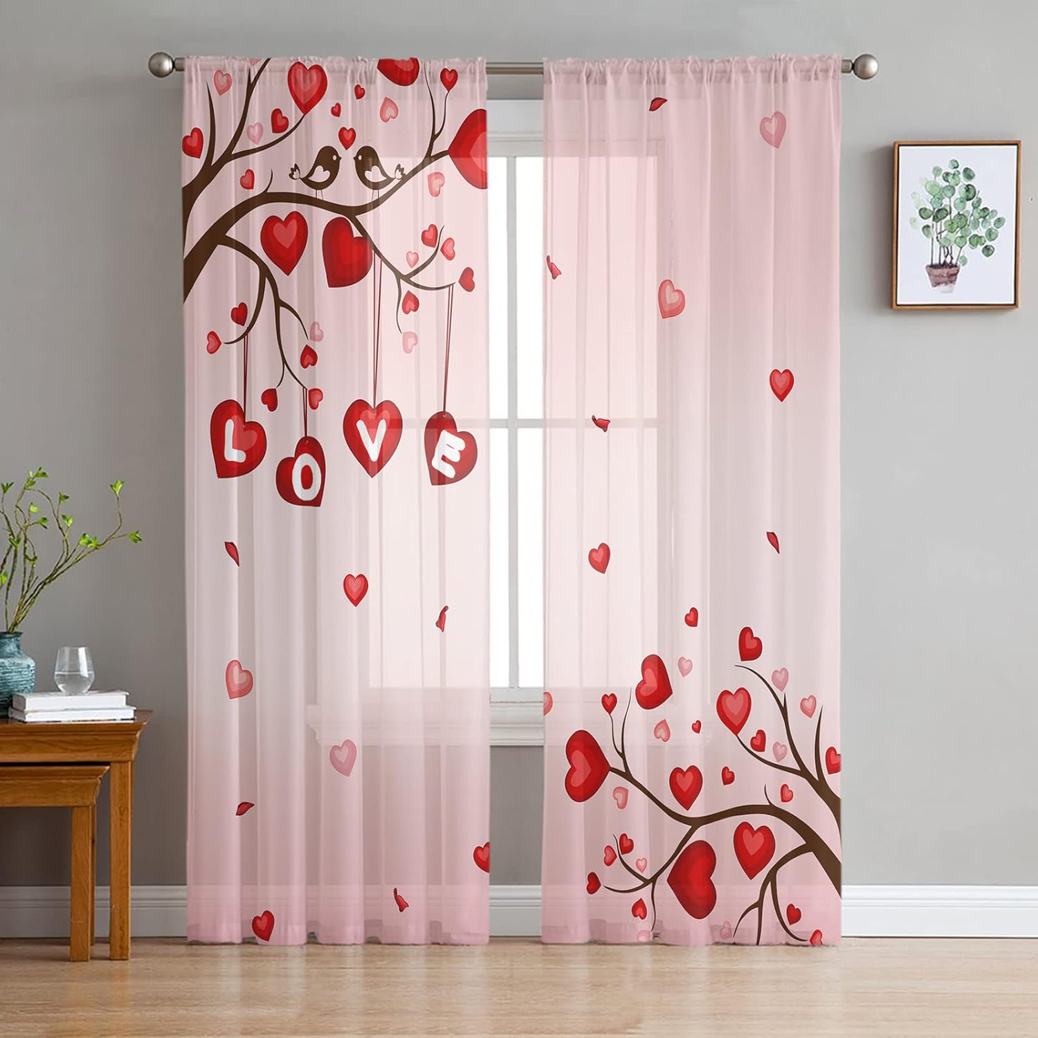 Valentine's Day Semi Sheer Curtains 63 inch Length,Love Bird Romantic Red Heart Tree Window Treatments Curtains,Light Filter Rod Pocket Drapes Pink Valentines Curtains for Living Room Bedroom,2 Panels