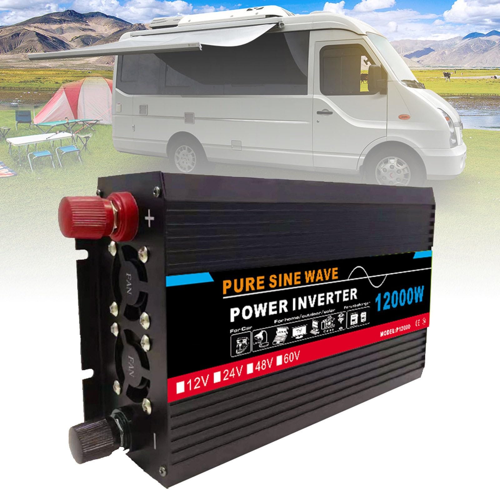 Genérico Inversor De Onda Sinusoidal Pura 3000W A 12000W, CC 12/24/48/60V A CA 220V, Pantalla Digital Dual Y 1 Toma Universal, Inversor De Energía Solar Independiente, para Uso Doméstico(12000W,12V)