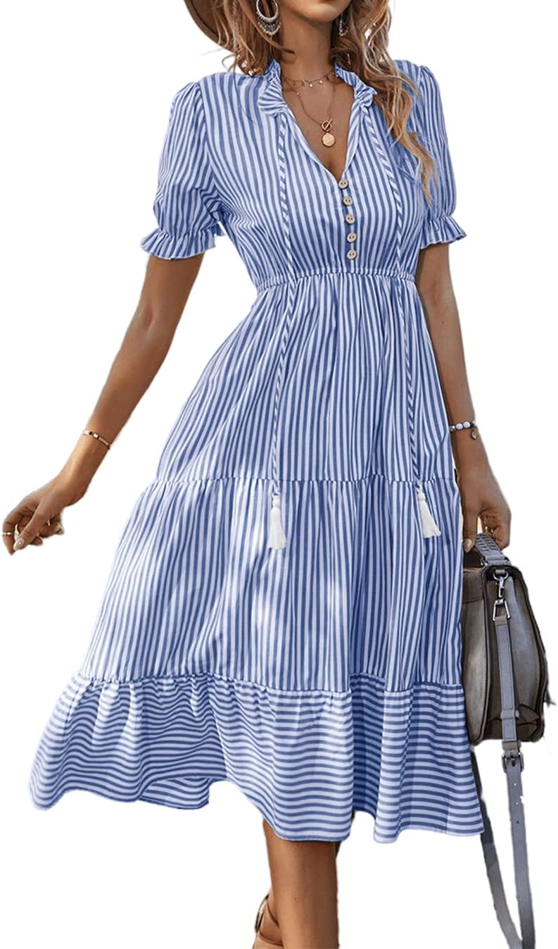 Shirt Dress for Women, Sleeveless V-Neck Striped Midi Dress, Pleated Ruffle Casual Button-Down Dress