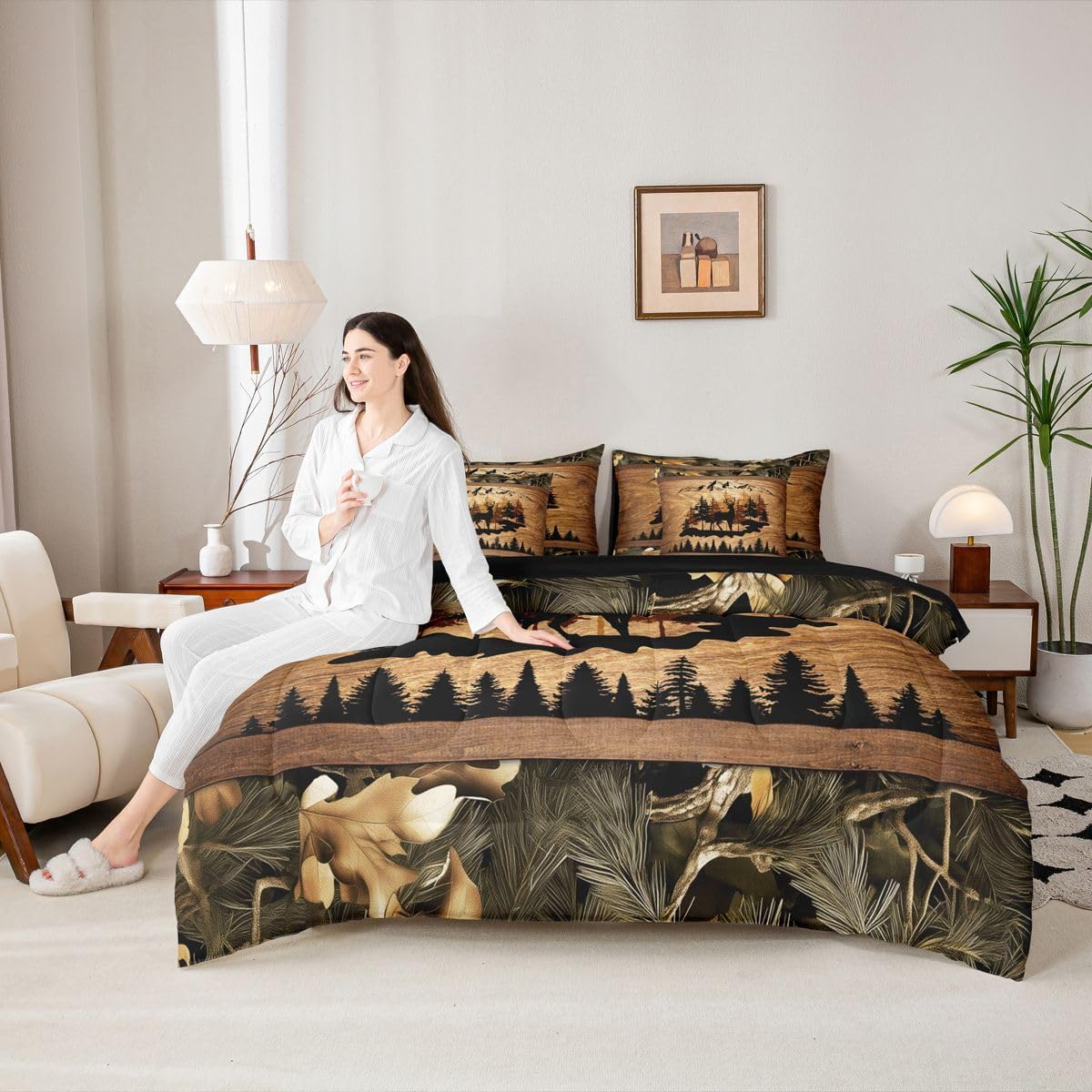 7 Pcs Deer Cabin Bedding Set Jungle Plants Retro Wooden Stripe Comforter Set Pine Trees Wild Animals Silhouette Bed in a Bag with Comforter,Flat&Fitted Sheet,2 Pillowcases,2 Pillow Covers,Queen Size