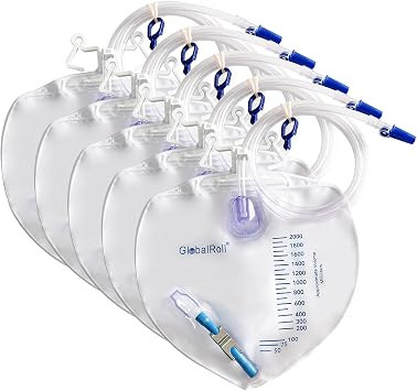Urinary Drainage Bag with Anti-Reflux Chamber, Bedside Drainage Bag 2000 mL with 48 Drainage Tube, Hook Hanger and Clips, Urine Bag with Metals Buckle for Home and Hospitals, 5 Pack