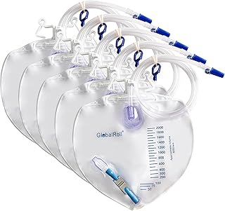 Urinary Drainage Bag with Anti-Reflux Chamber, Bedside Drainage Bag 2000 mL with 48" Drainage Tube, Hook Hanger and Clips, Urine Bag with Metals Buckle for Home and Hospitals, 5 Pack