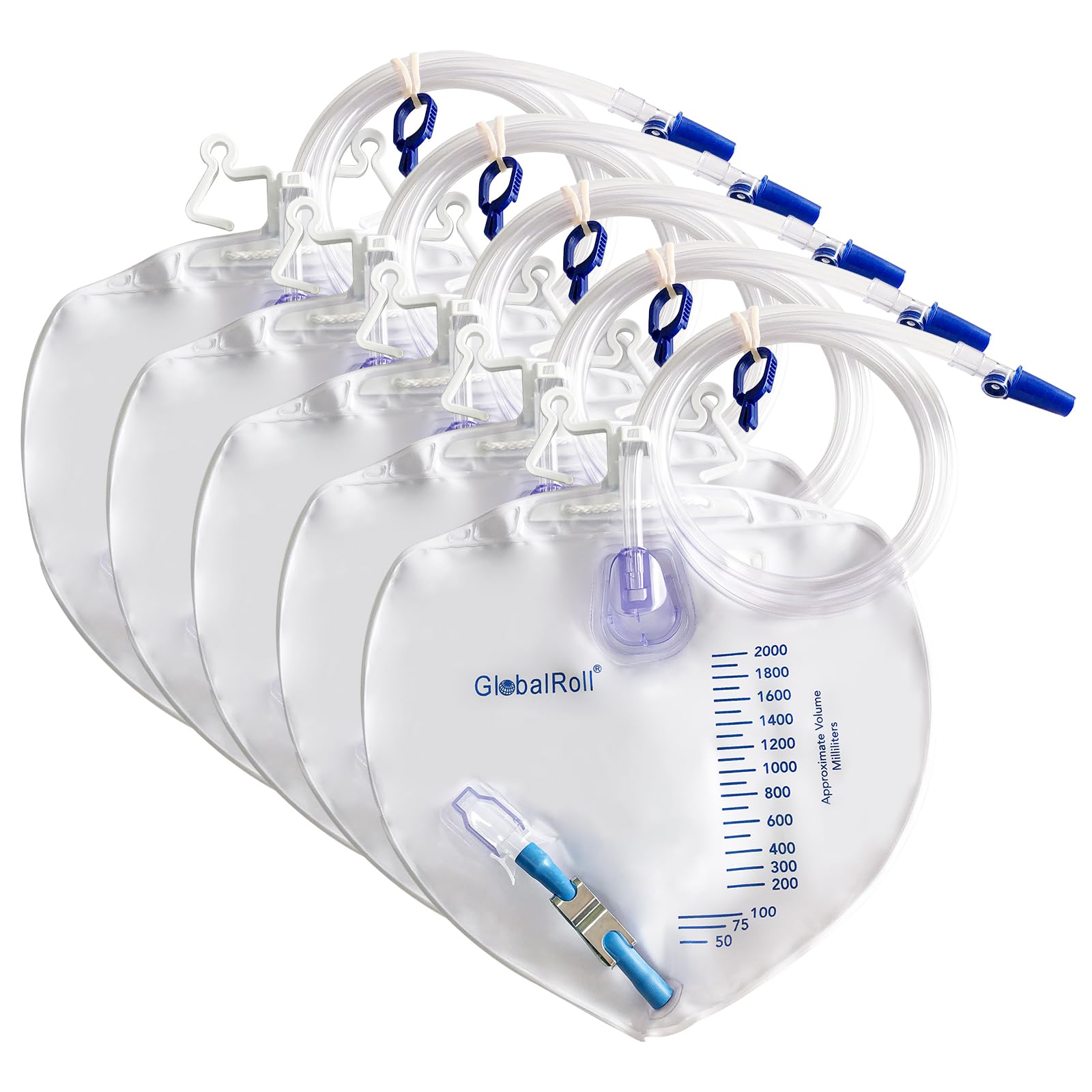 GlobalRoll Urinary Drainage Bag with Anti-Reflux Chamber, Bedside Drainage Bag 2000 mL with 48" Drainage Tube, Hook Hanger and Clips, Urine Bag with