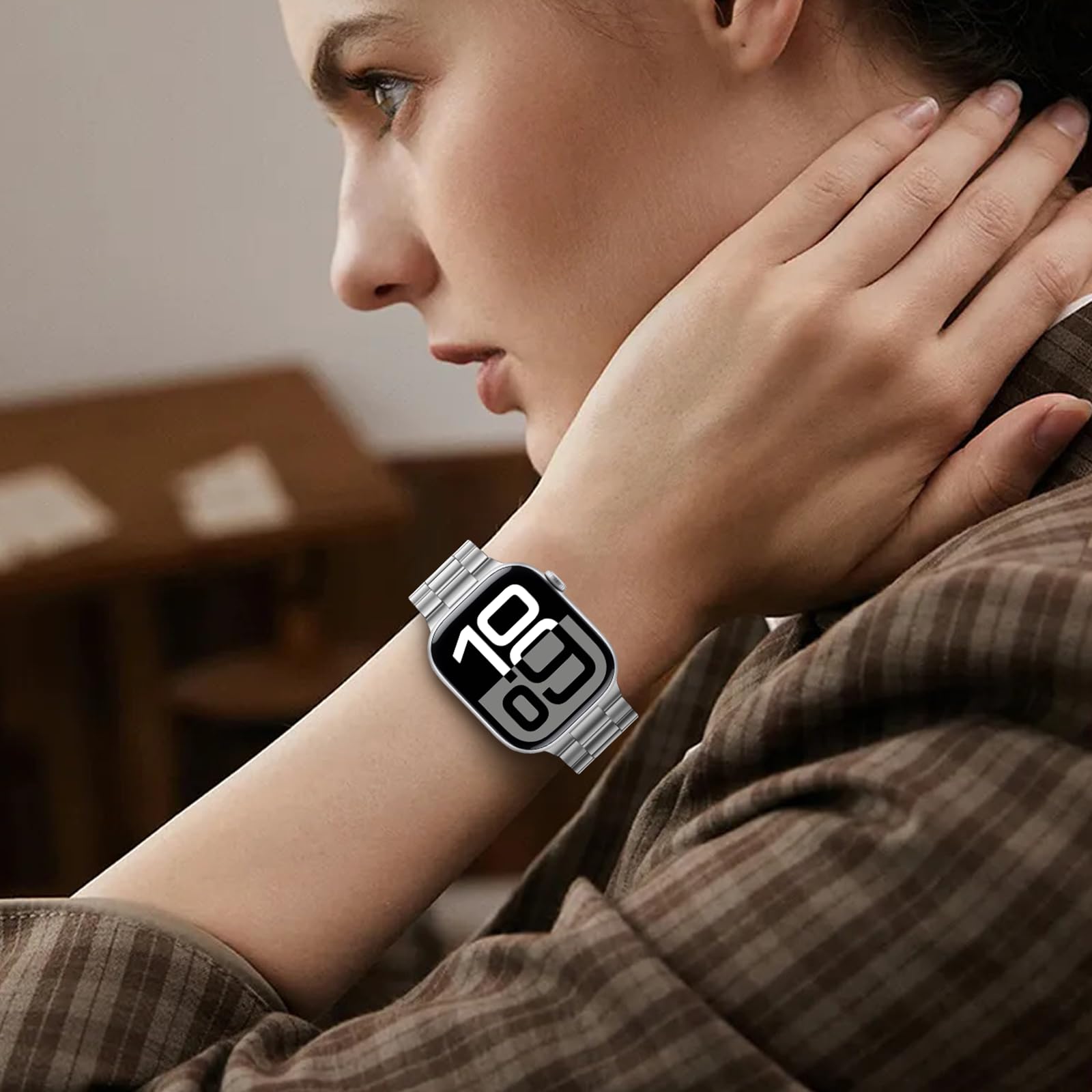 Tasikar Bracelet en métal compatible avec Apple Watch 46mm (série 11/10) 45mm 44mm 42mm Bracelet en acier inoxydable compatible avec Apple Watch Ultra 3 2 1 SE Séries 10 9 8 7 6 5 4 3, Argent