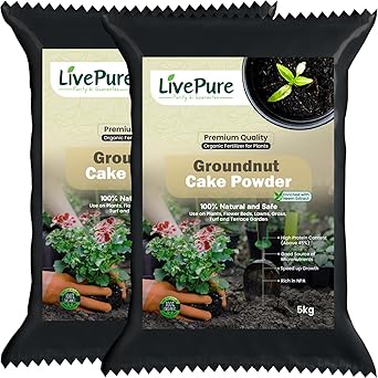 LivePure Organic Groundnut Cake Powder Enriched with Neem Extract (10Kg) Fertilizer for Healthy Soil and Plants | Home garden| Terrace Garden | Biofertiliser | Pots | Terrace Garden
