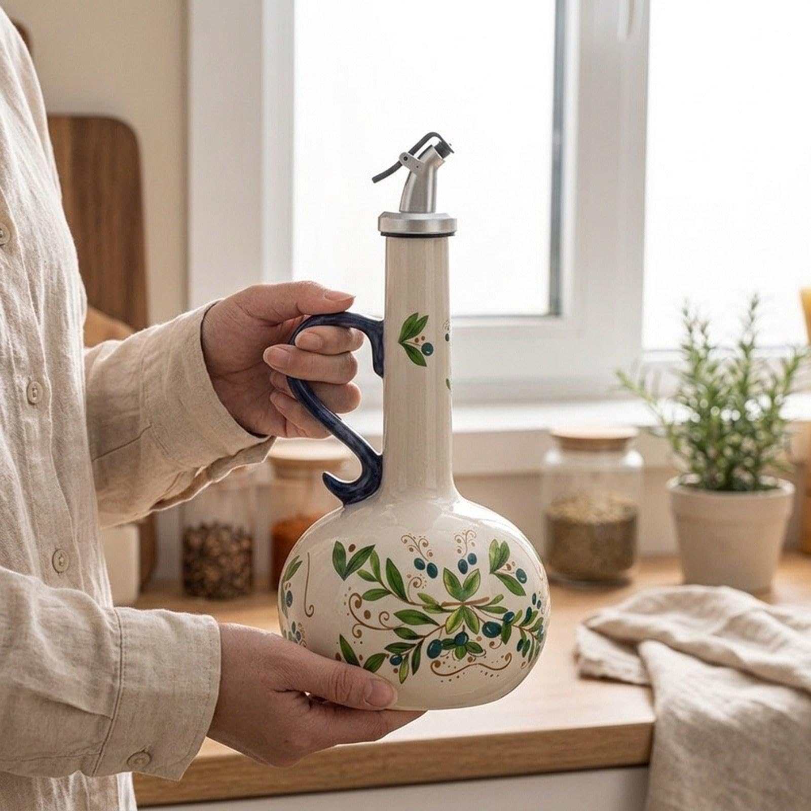 Qianly Botella Dispensadora Aceite Vinagre Cerámica Oliva Recipiente Especias Vertedor Automático Moderno Elegante Almacenaje Líquidos Apta para Cocina Uso D, Verde, Individual