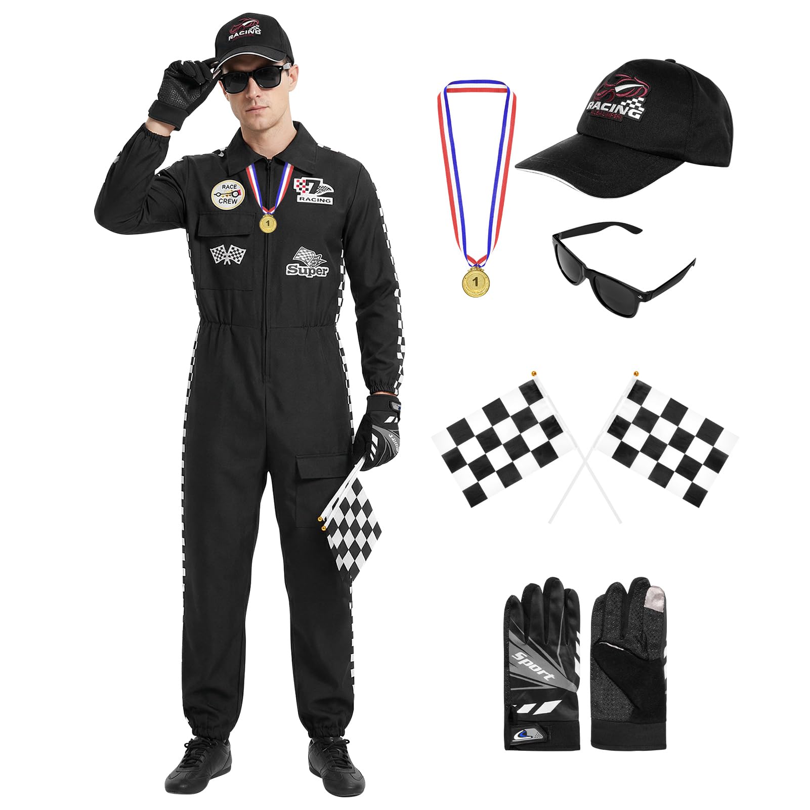 Rennfahrer Kostüm Herren Damen,Faschingskostüme Erwachsene,Rennfahrer Overall Jumpsuit Accessoires 6-teilig mit Hut Sonnenbrille Handschuhen Medaille