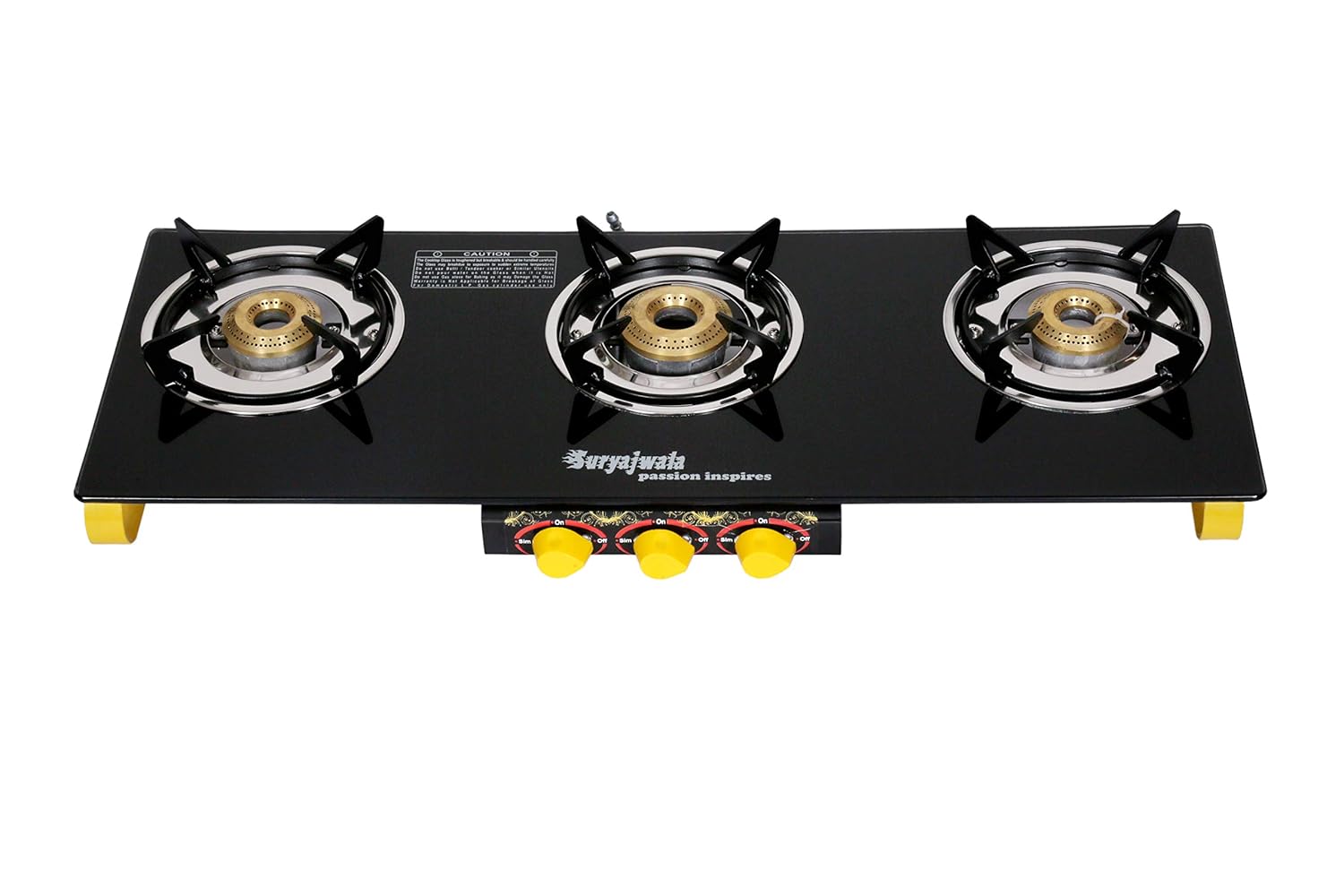 Suryajwala TOUGHENED GLASS 3 Burner FRAMELESS Gas Stove Yellow For