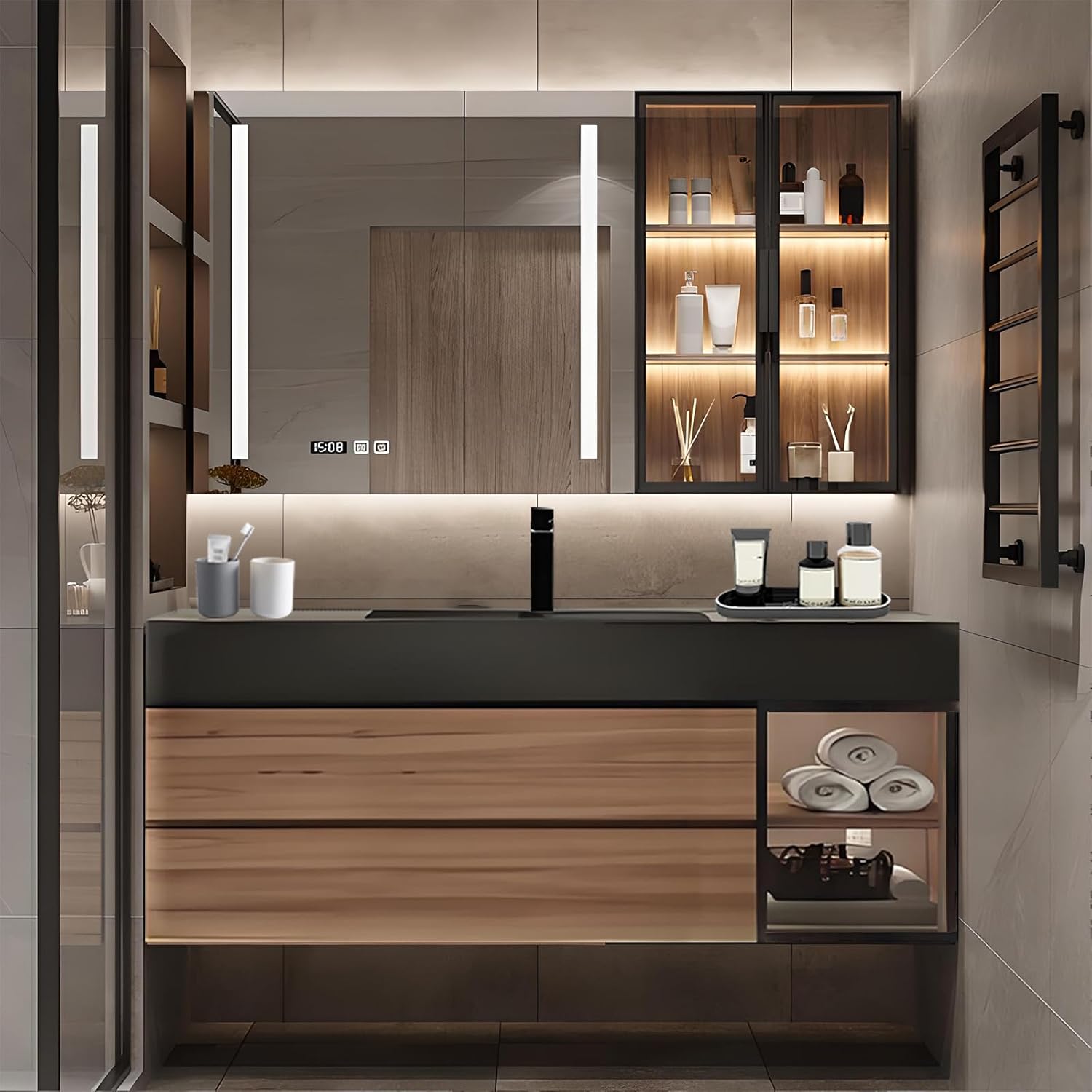 Floating Bathroom Vanity with Sink, Wall Mounted Cabinet with Seamless Integrated Basin, Walnut Color, Solid Wood Bathroom Cabinet, Pre-Assembly, Multiple Scenes (31.5in)
