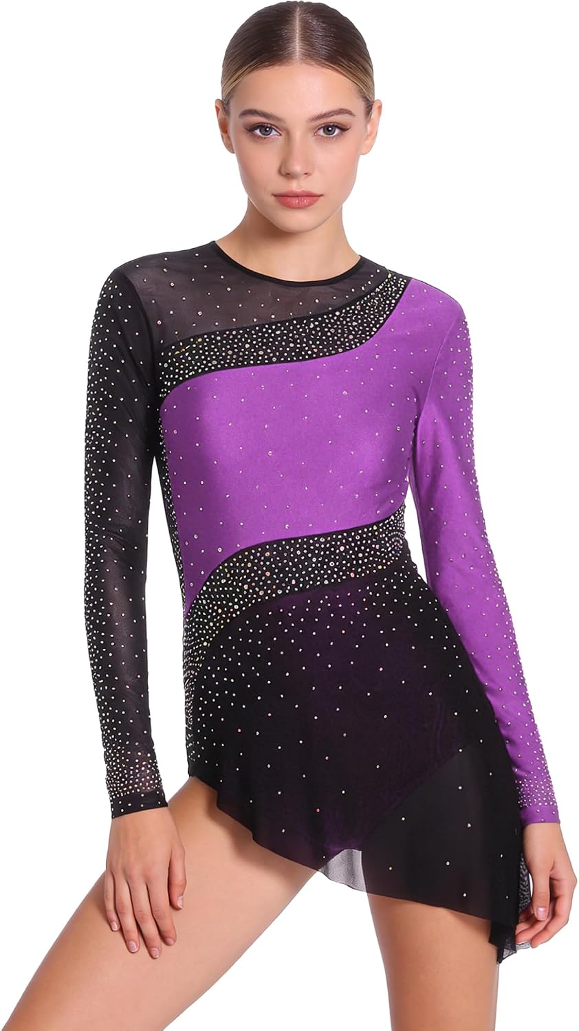 Shinsto Women Figure Ice Skating Dress Rhinestone Color Block Mesh Long Sleeve Leotard Gymnastic Competition