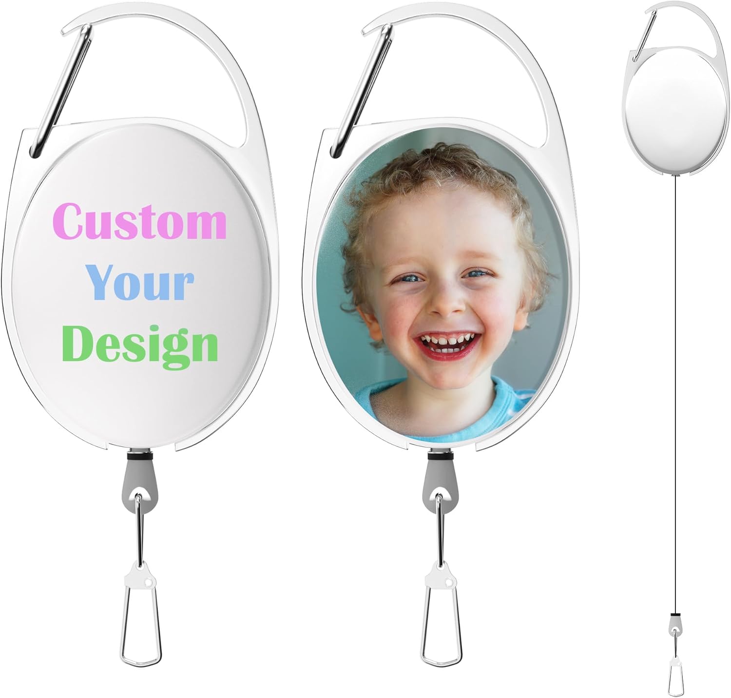 Custom Retractable Badge Reels 10-700pcs Bulk, Double-Sided UV Printed Logo ID Holder with Metal Clip & Carabiner, Personalized Badge Reels for Corporate Gifts, Events, Personal Keepsakes (White)