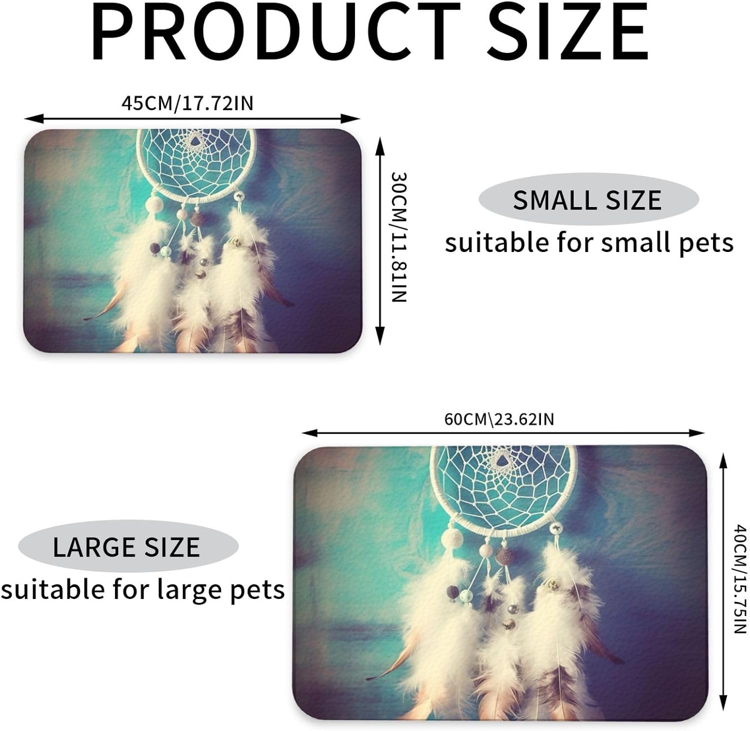 White Dream Catcher Feather Pet Feeding Mat 30x45cm Absorbent Leather Dog Cat Food Mats Non-Slip Dog Bowl Mats for Food and Water, Quick Dry Pets Placemats for Cats and Dogs Water Bowl