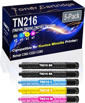 5-Pack 2BK+C+Y+M Compatible Bizhub C360 C220 Laser Printer Toner Cartridge High Capacity Replacement for Konica Minolta TN216 TN-216 TN216K TN216C TN216Y TN216M Printer Toner Cartridge