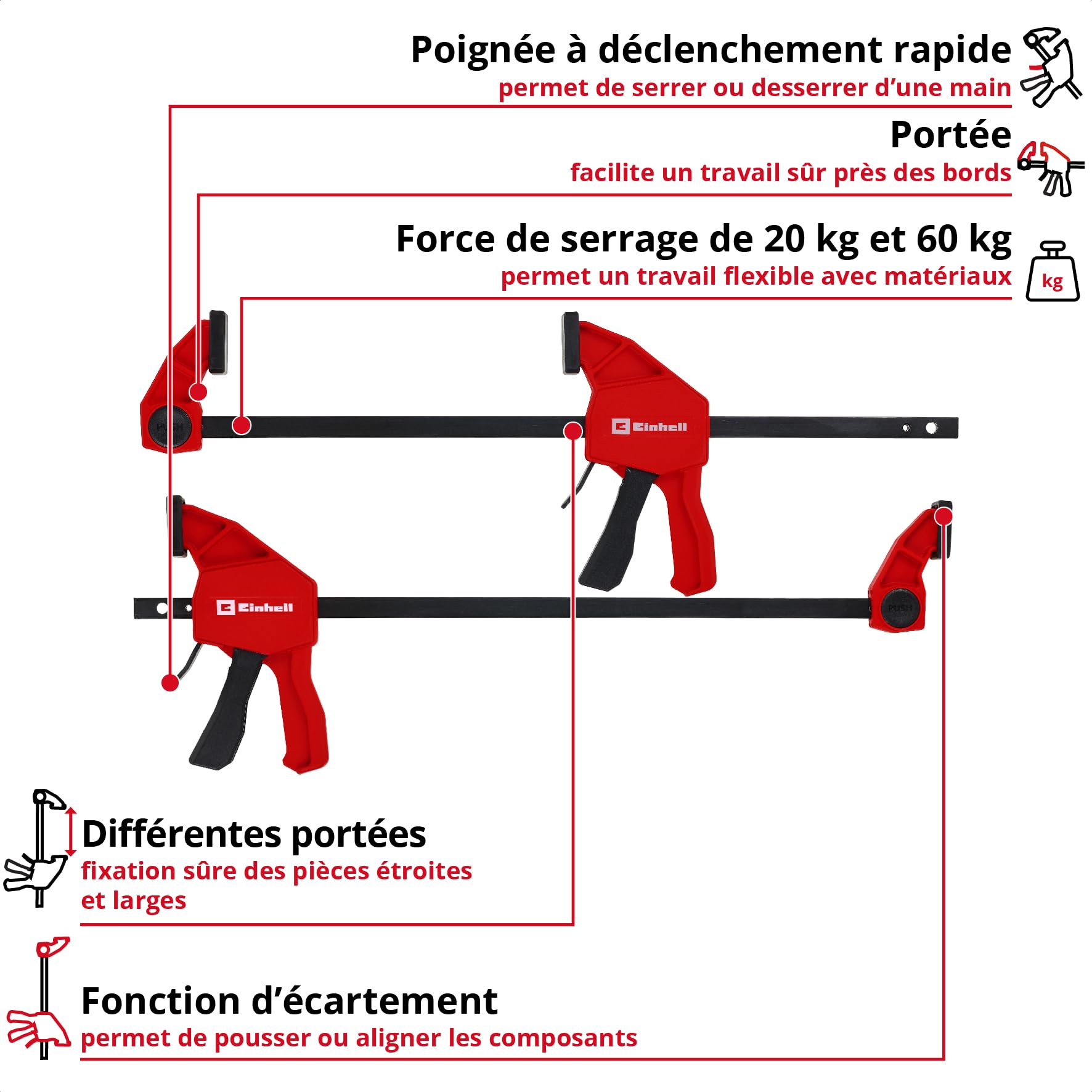 Einhell 4 pièces jeu de serre-joints à une main, 100/150 mm