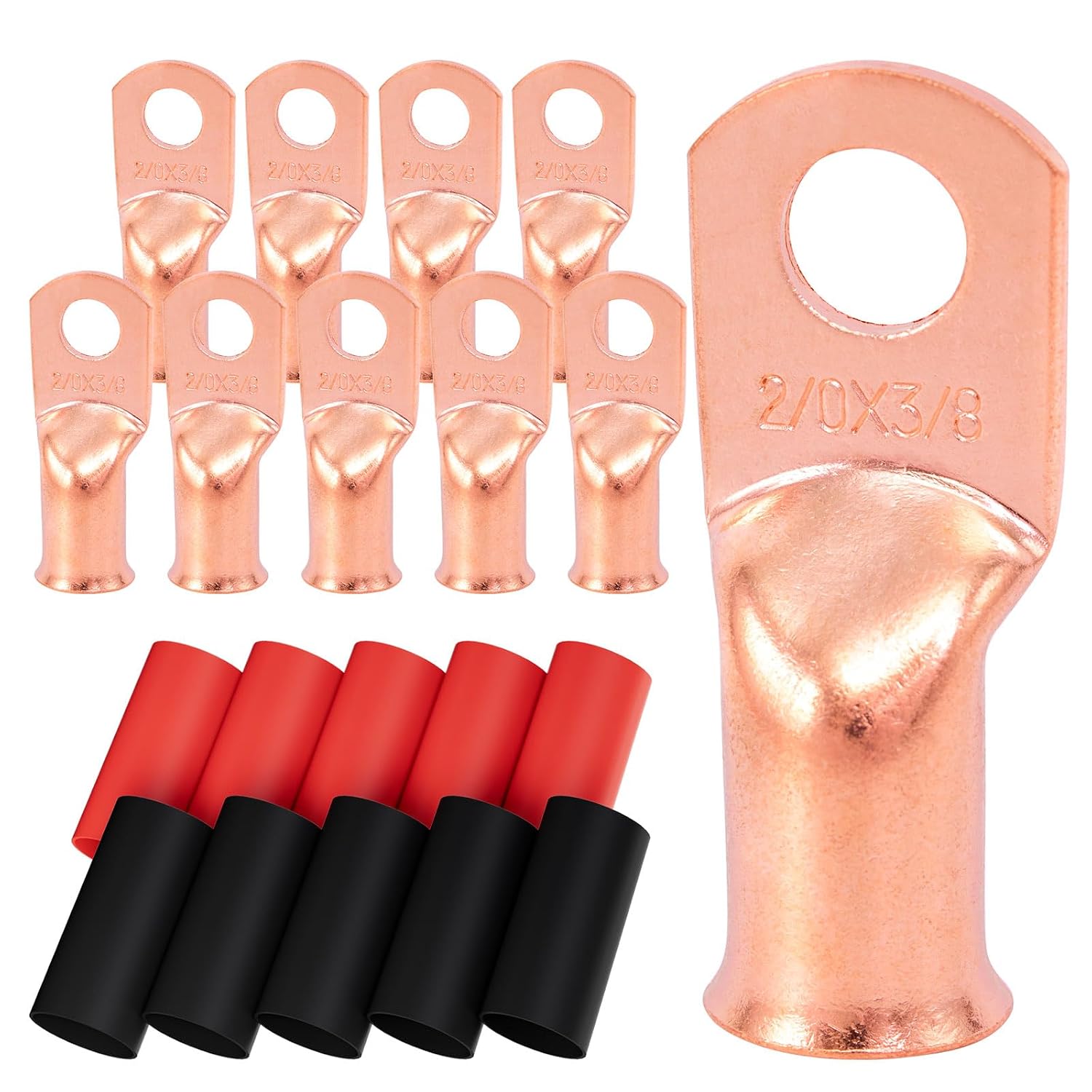 10pcs 2/0 AWG-3/8'' Battery Cable Lugs, Copper Wire Ring Terminals | Heavy Duty Wiring Connectors for 00 Gauge Wires, 10pcs 3:1 Dual Wall Adhesive Heat Shrink Tubes, Electrical Crimp Ends