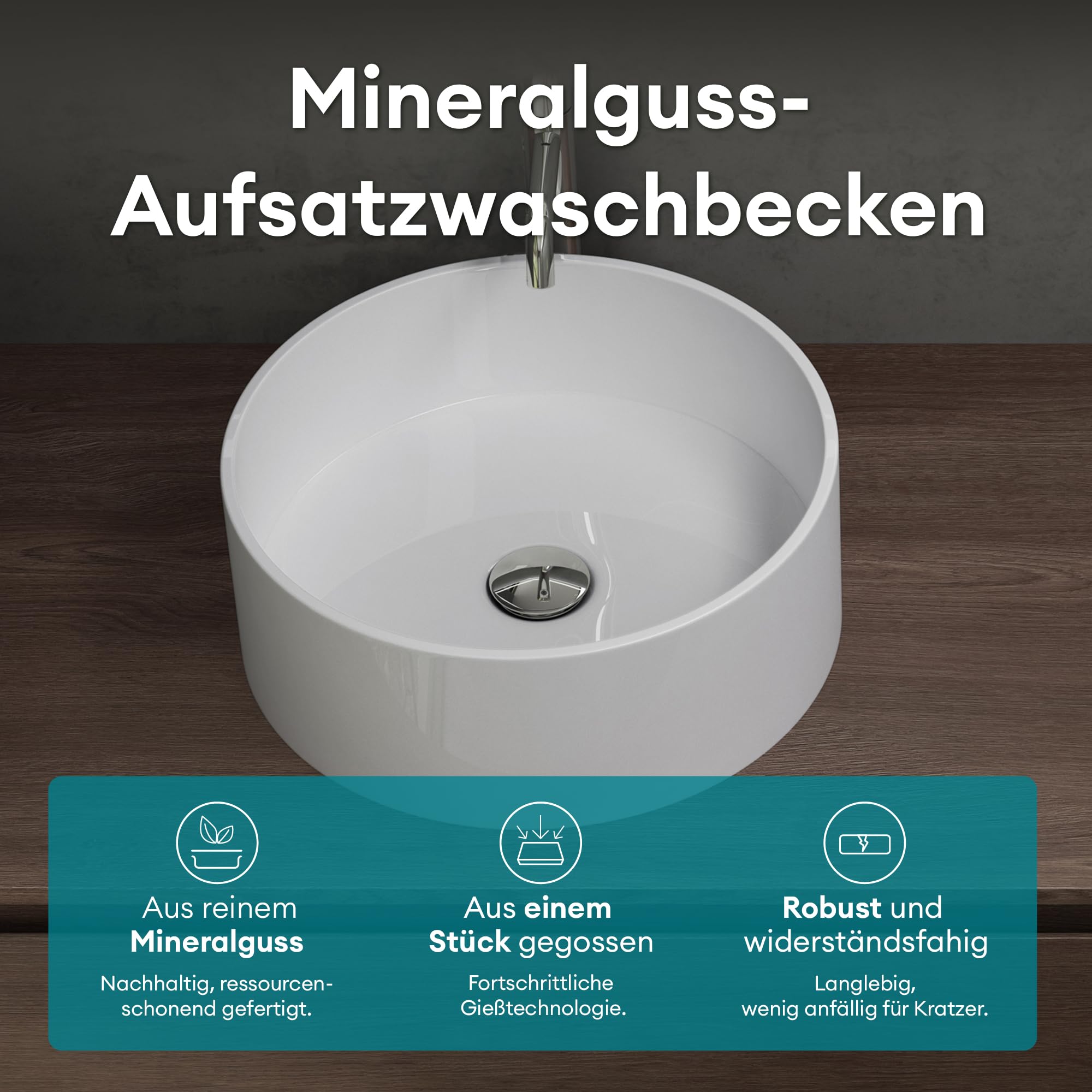 Mai & Mai Waschbecken rund Aufsatzwaschbecken aus Mineralguss 40x40x15cm in Weiß glänzend ohne Hahnloch und Überlauf Colossum804