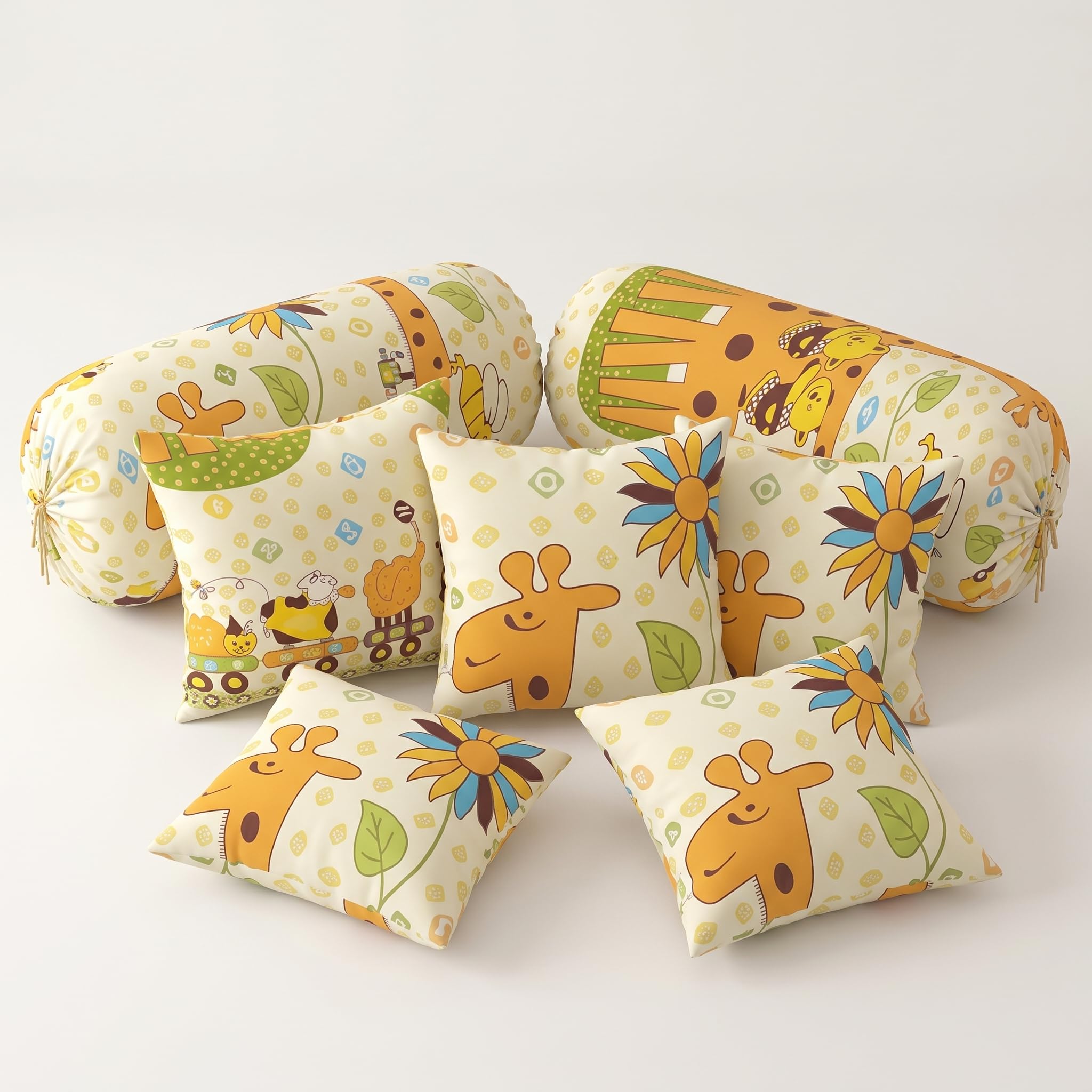 Filymore Yellow Giraffe Kids Fitted Diwan Set 8 Pieces β Microfiber Diwan Bedsheet Set with 5 Cushion Covers & 2 Bolster Covers | Soft Cartoon Giraffe Print Diwan Cover Set for Kids Room 4