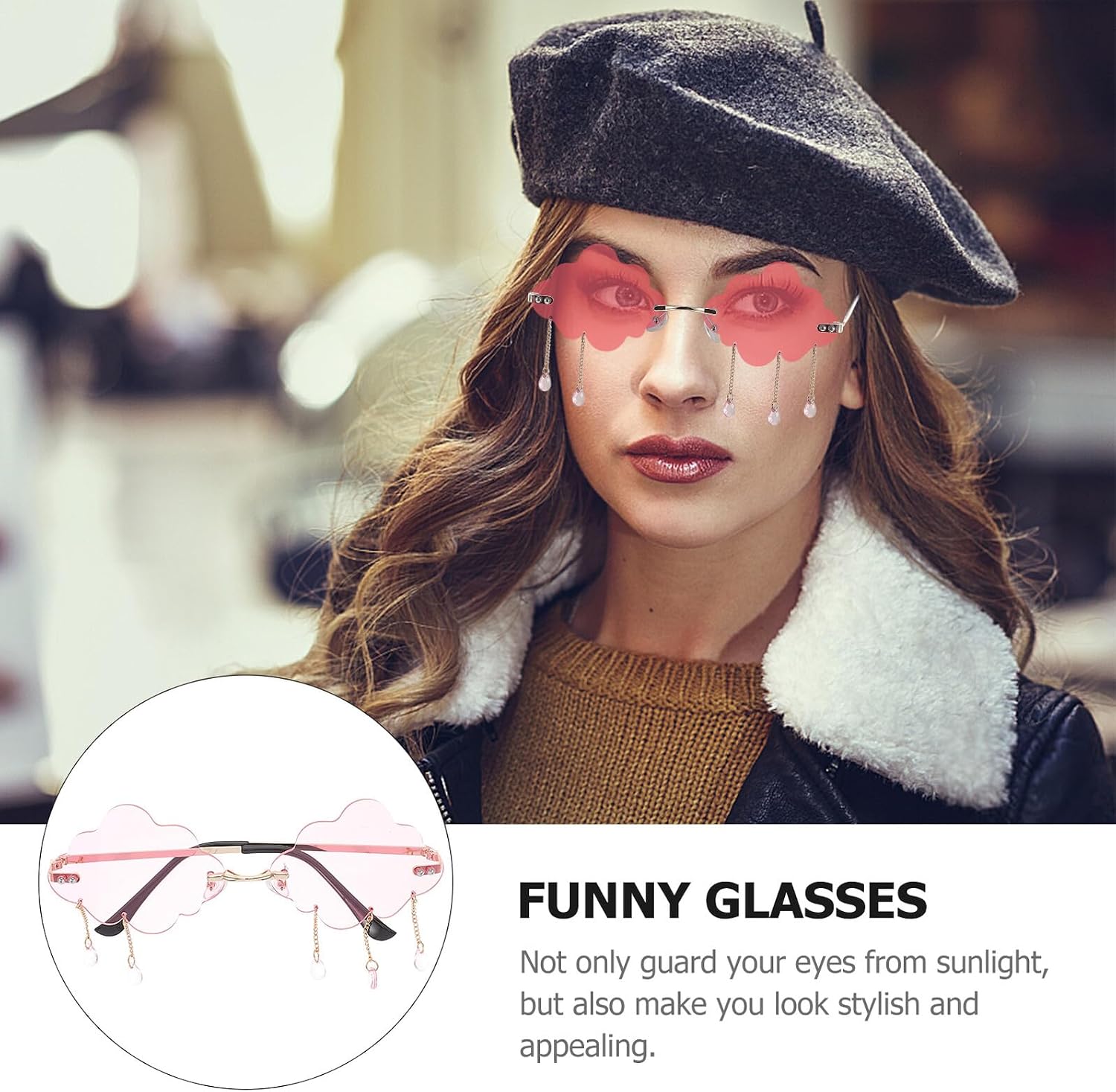 Rimless Cloud Shaped Sunglasses for Women Gold Frame Pink Lenses, Funny Disco Eyewear Party Accessories, Lightweight Summer UV Protection
