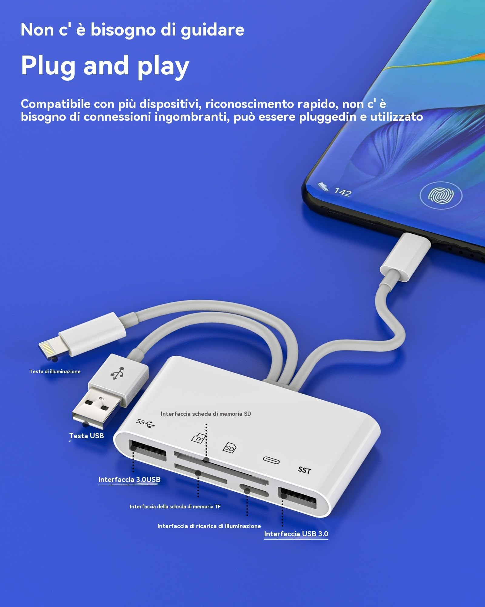 Adattatore USB C Lightning USB(5in1) OTG 3.0 Cavo Lettore Schede SD Per Apple IPhone 15 14 Micro SD Scheda Card Reader TF Memoria Chiavetta Per iPad PC Adapter Camera Memory Compatibile Per Samsung