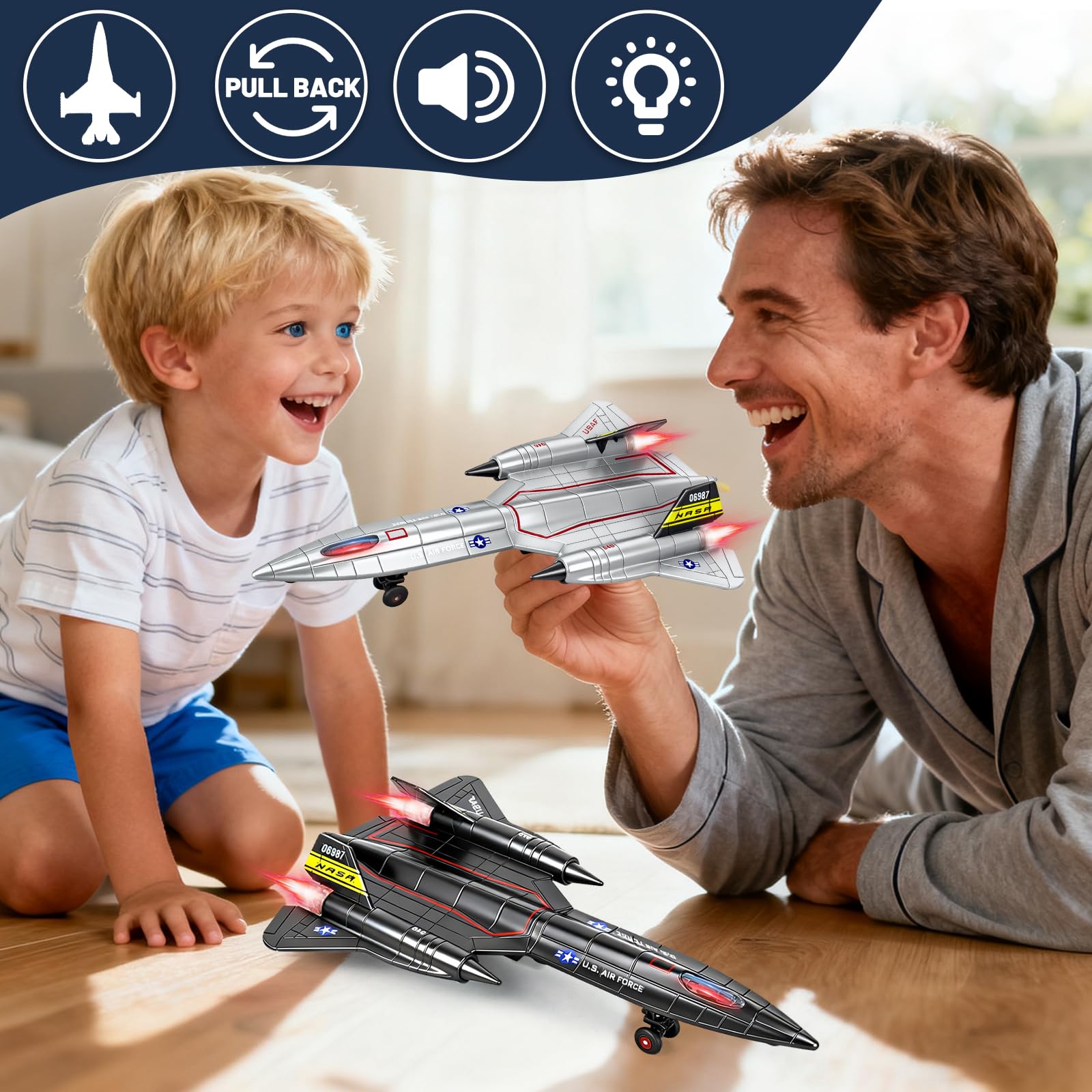 Ynybusi 2 Pack Diecast Metal Planes Toys, Pull Back Military Airplanes with Lights & Sounds - Image 3