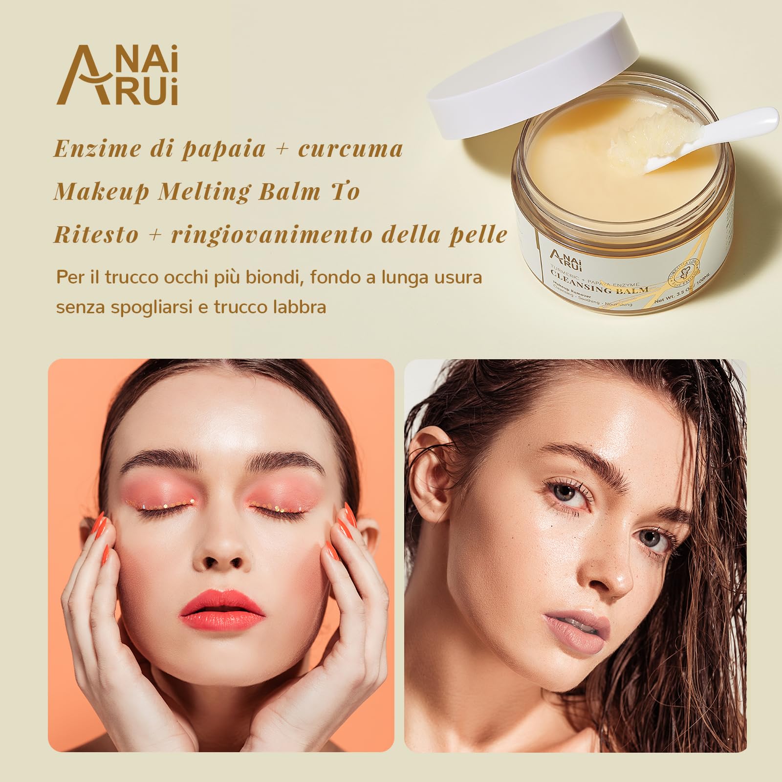 ANAiRUi Balsamo detergente con papaya di curcuma, struccante per la pulizia del viso, peeling, riduzione delle macchie scure, acne, pelle liscia, detergente per la pelle, 3,5 OZ