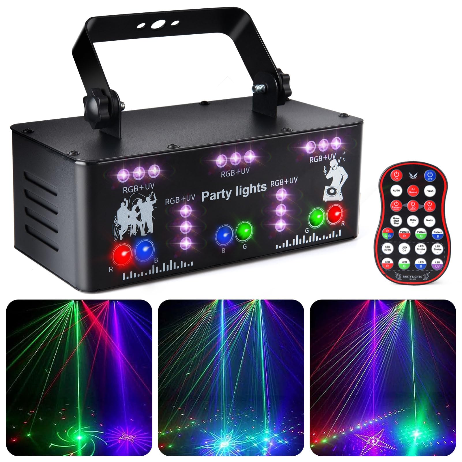 Fwiull Lampes Fête Professionnelles, 21 Lentilles Lumiere Soirée, DMX 512 d'Effets Lumière, Lumière Disco RGB UV à Commande Vocale, Lampe de Scène Télécommande Halloween, Fête, Noël ‎YSH-503 Noir