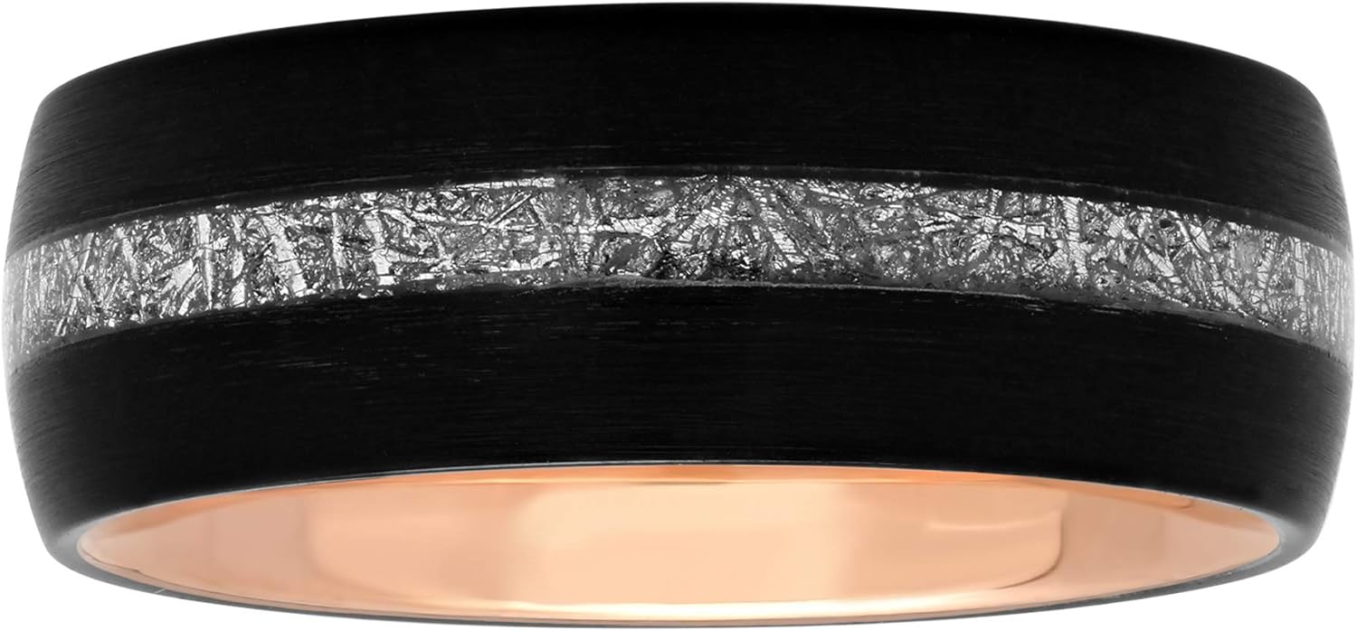 Men’s Tantalum Carbide 8mm Black Satin Finish w/Iced Enamel Center & Rose Gold Tone Interior Wedding Band