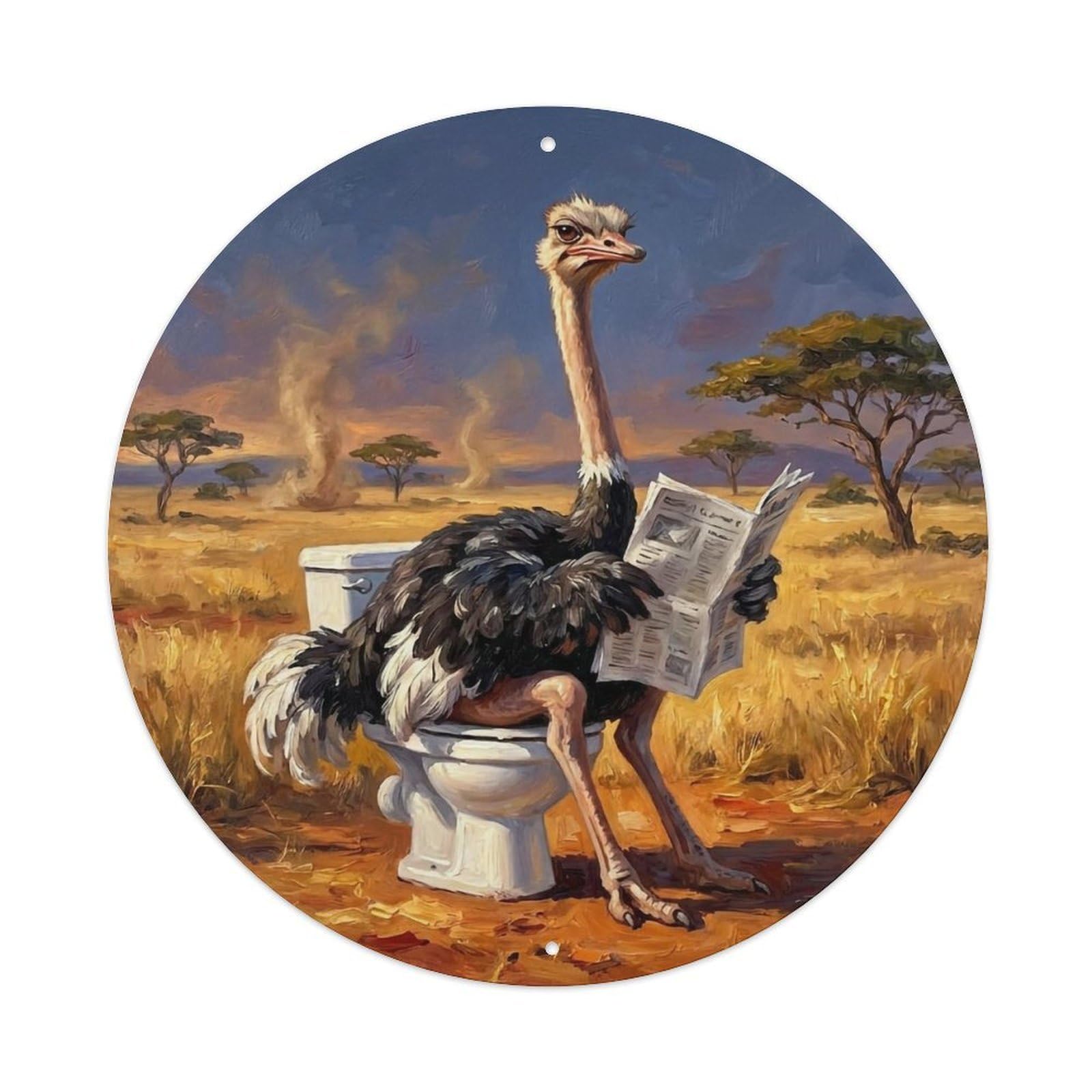 Ostrich On Toilet Humorous Bathroom Savanna Dust Reads Metal Tin Sign