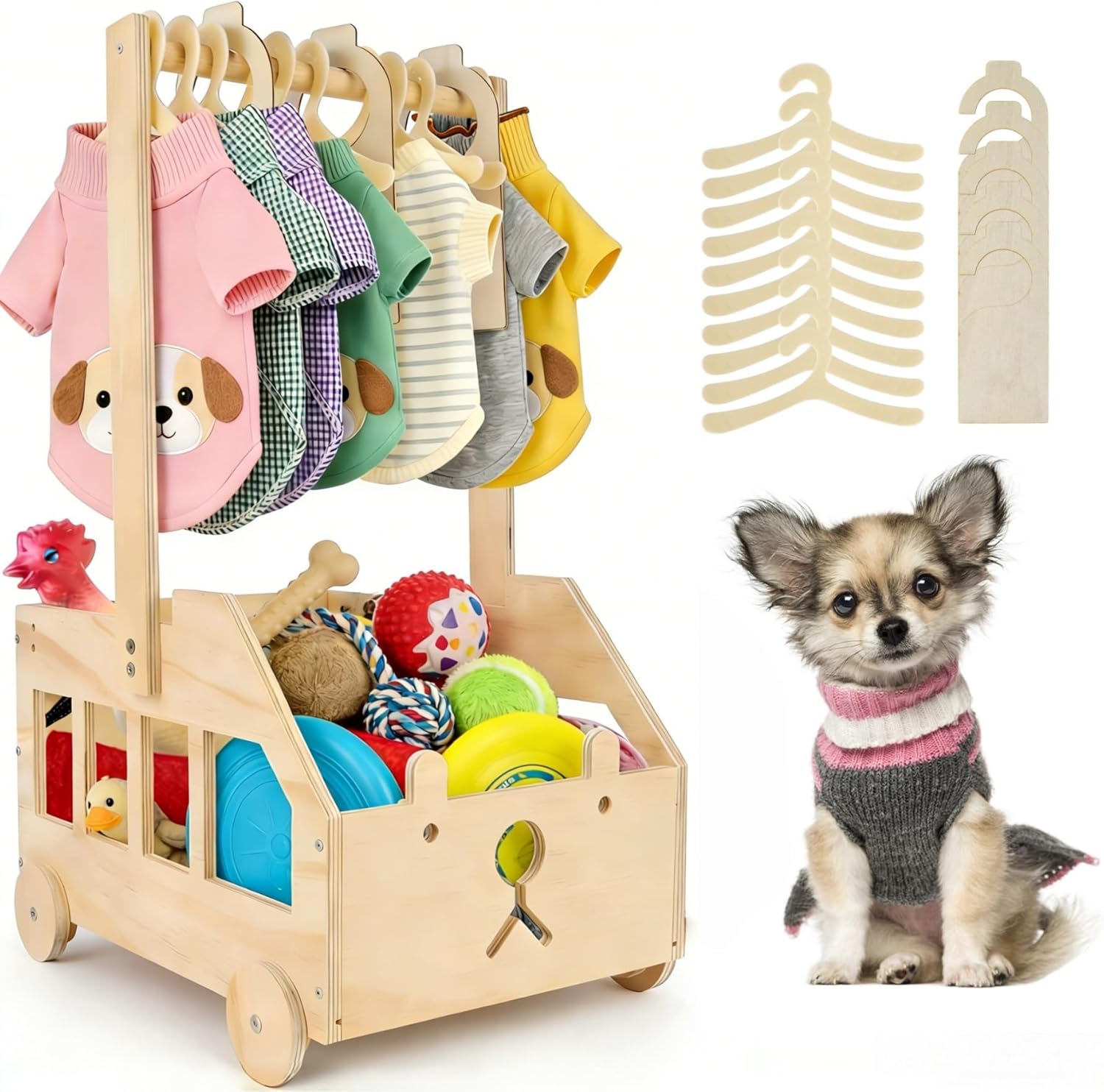 22" x14"x10" Wooden Pet Wardrobe Closet with 10 Hangers, 5 Split Labels & 1 Pen, Easy Assembly Crate for Dog/Cat Closet, Dog Closet Organizer for Toys Clothes and Accessories