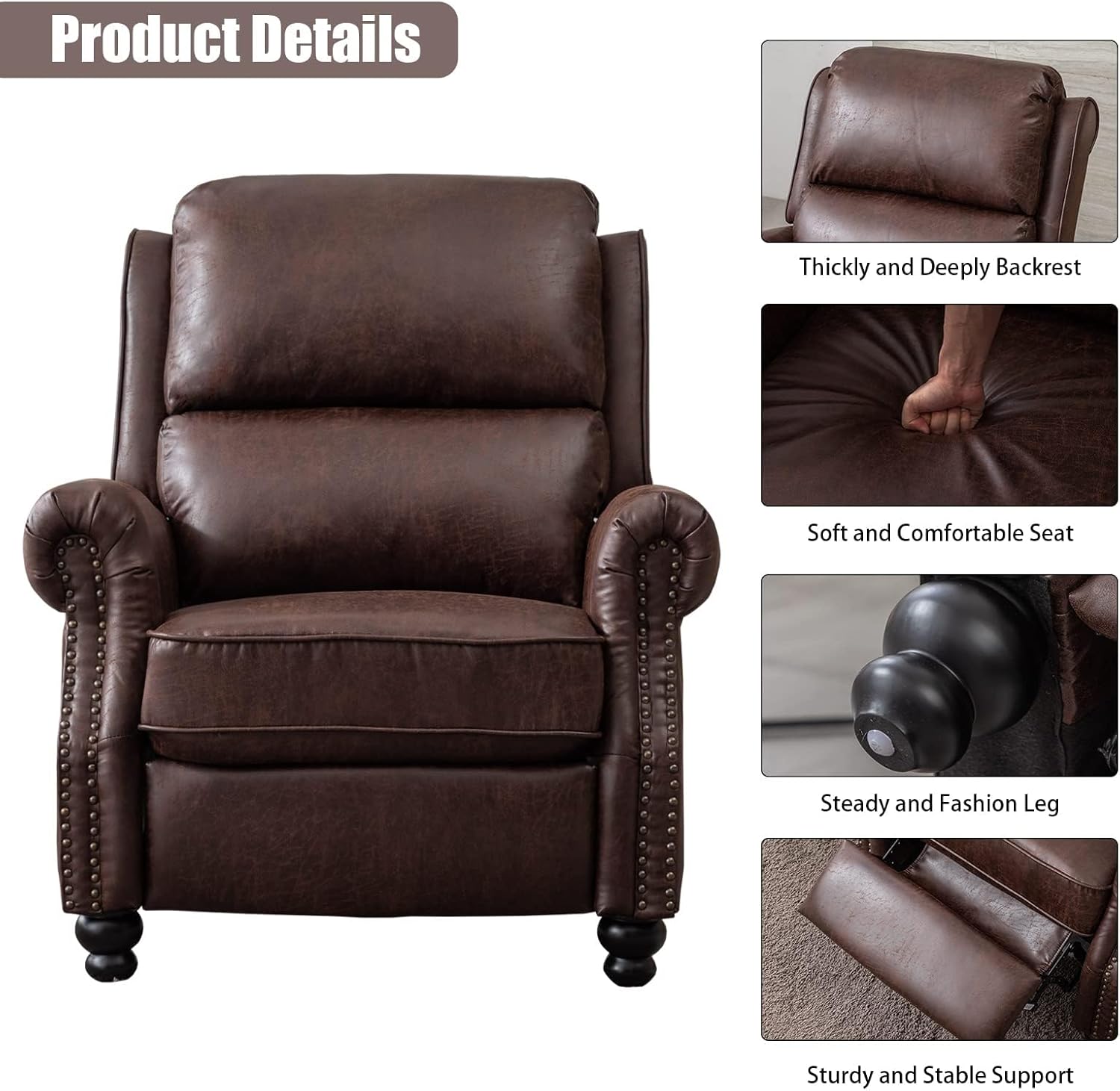CANMOV Faux Leather Pushback Recliner Chair with Rivets, Reddish Brown