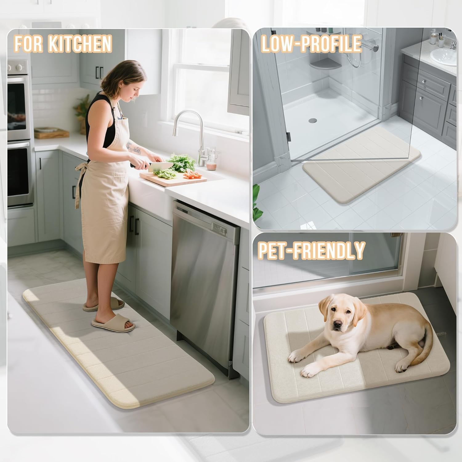 Yimobra Memory Foam Bath Mat Set 3 Pieces- Super Soft Absorbent Quick Dry Bathroom Rug Sets, Machine Washable Non Slip Floor Carpet for Tub Shower, Vanity & Toilet Base, Cream White