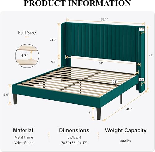 Miniatura 2 de SHA CERLIN Base de cama de terciopelo de tamaño matrimonial con cabecera capitoné de canal vertical, plataforma tapizada con listones de madera, no