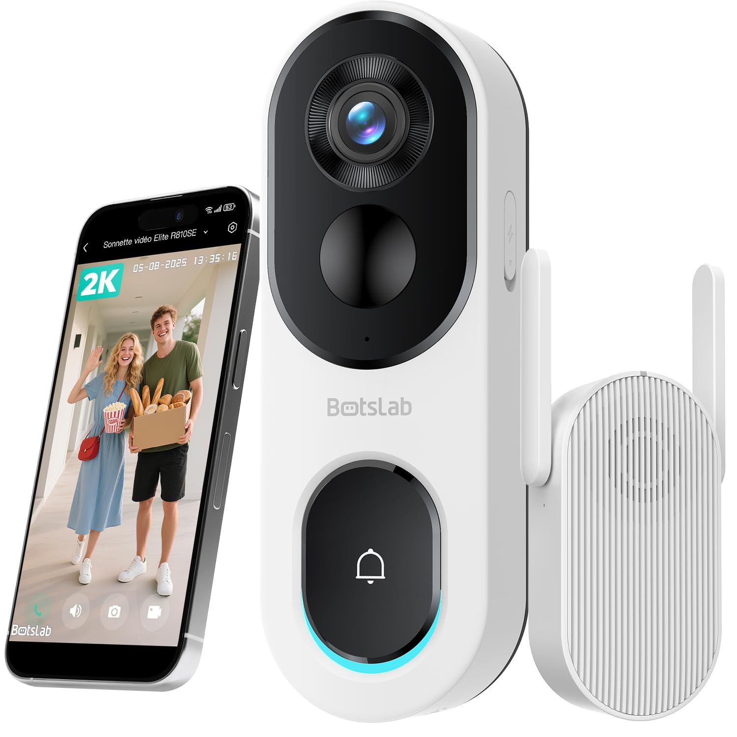 BOTSLAB Sonnette vidéo sans Fil avec caméra Exterieur 2K 3MP, IP66 étanche | Ultra Grand Angle 180°, Nocturne en Couleur, AI Gratuite, Audio Bidirectionnel, Wi-FI 2,4G, Installation Facile