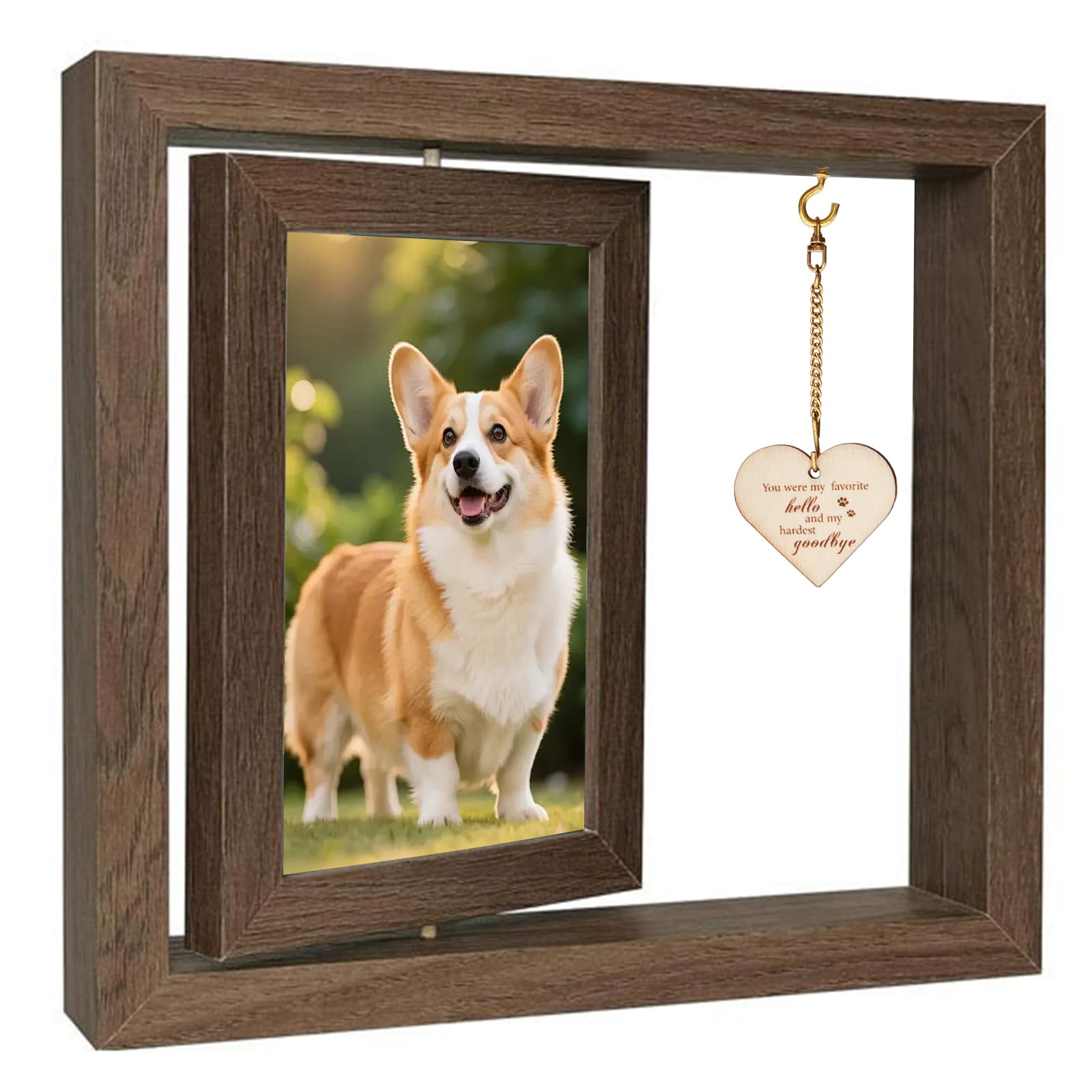 Dog Memorial Photo Frame with Heart pendant, Loss of Dog Bereavement Gift, Wooden Rotating Double 4x6 Picture Frame, Pet Memorial Photo Frame, Cat Dog Remembrance Gifts (You were my favorite hello)