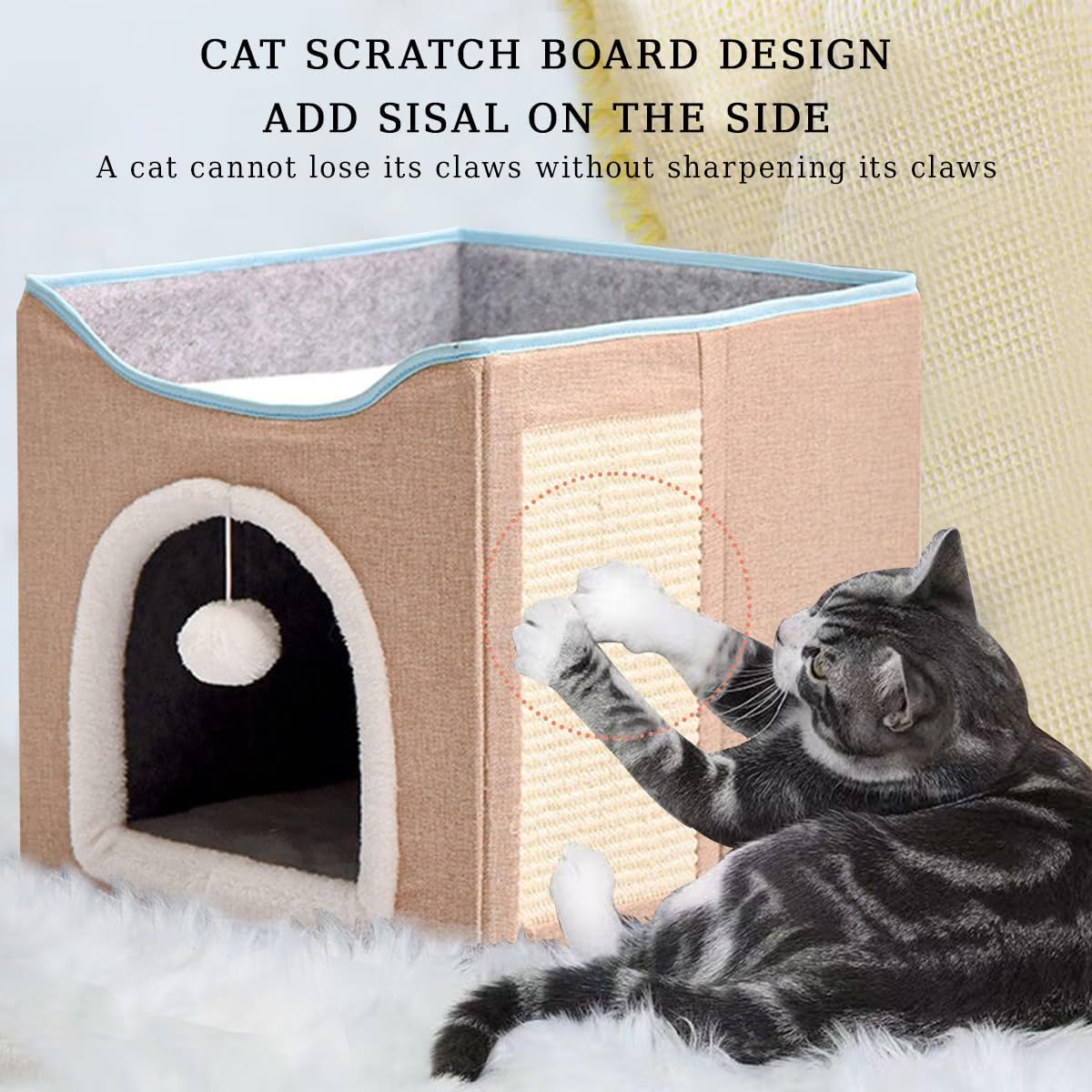 review Cat House for Indoor Cats, Large Cat Bed Cave with Scratch Pad and Fluffy Ball, Foldable Cat Beds, Cat Hideaway, Cat Condos with Reversible Cushion, Cute Modern for Small Cats Dogs Rabbits