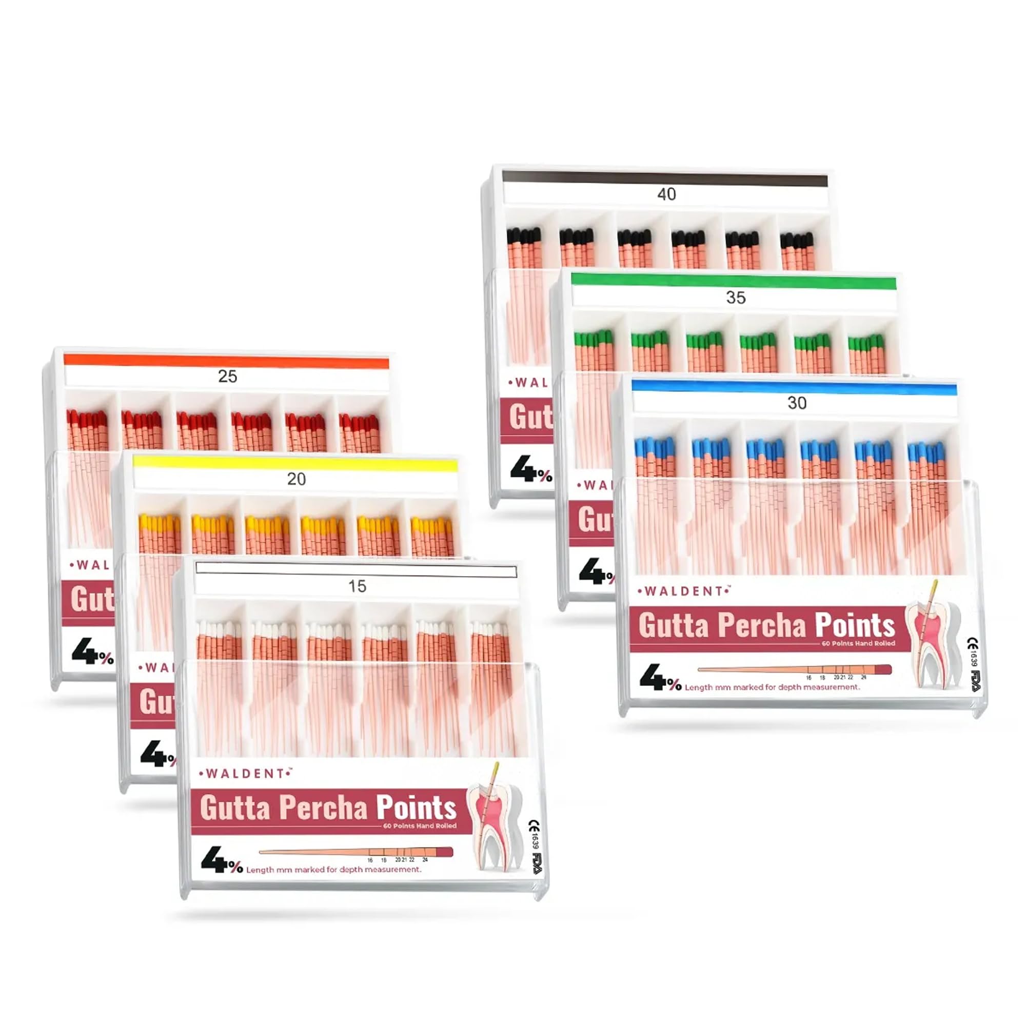 Waldent Gutta Percha Points 4% (Length Marked) #15-40 | ISO Color-Coded | 60 Points Pack | Millimeter Markings for Accurate Depth Measurement | Biocompatible & Radiopaque