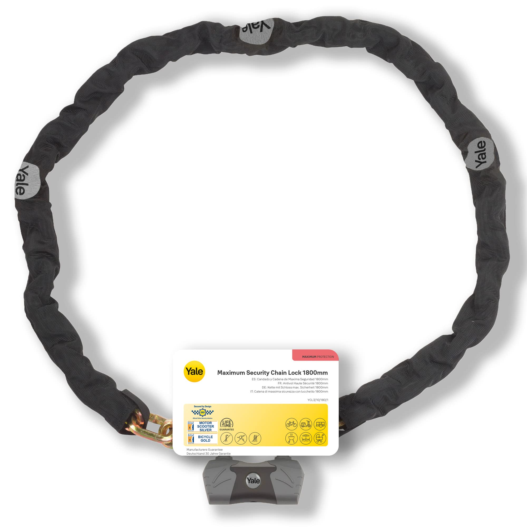 Yale Cadena y candado antirrobo 1800 mm Seguridad máxima Acero endurecido con titanio Resistente a taladro y torsión 4 llaves incluida 1 con luz