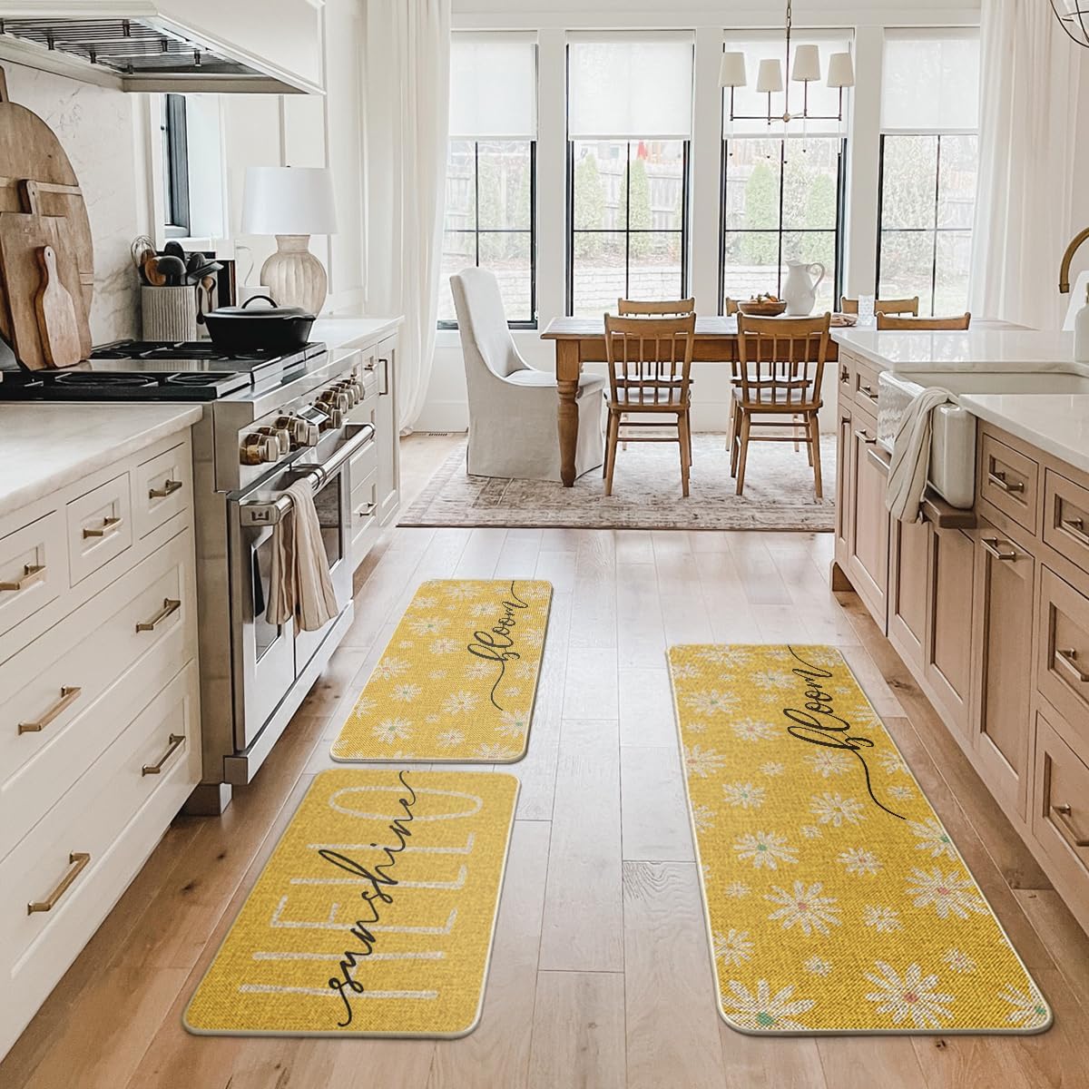 Artoid Mode Yellow Daisy Hello Sunshine Bloom Spring Kitchen Mats Set of 3, Home Decor Low-Profile Kitchen Rugs for Floor - 17"x29"+17"x36"+17"x47"