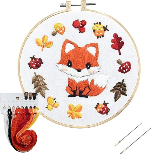 Louise Maelys Starter Embroidery Kits with Fox Pattern DIY Full Range Easy Needlepoint Cross Stitch Kits for Adults, Beginners with Stamped Animal Pattern