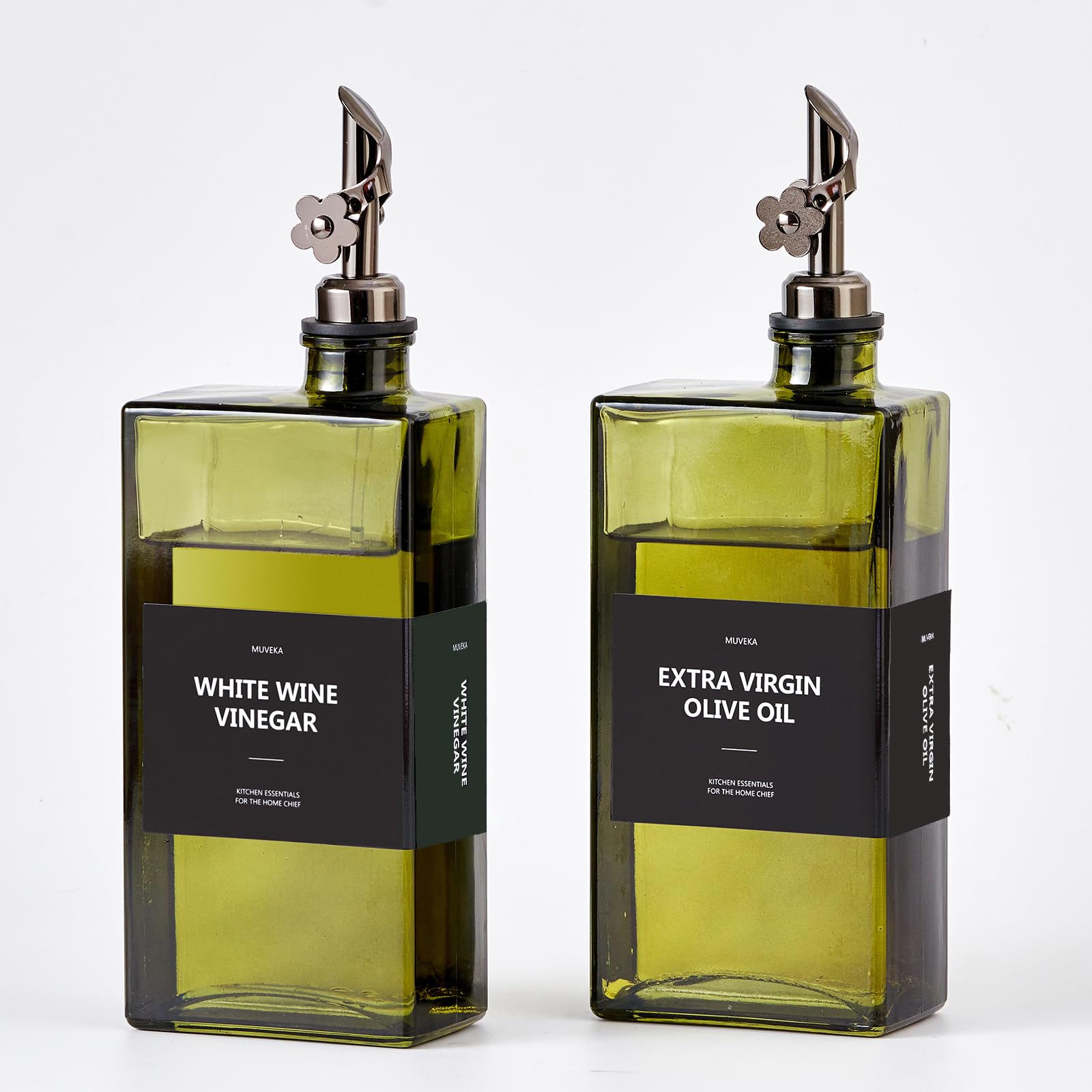 MUVEKA Olive Oil Dispenser Bottle for Kitchen, 16.9oz /500ml Cooking Vinegar Dispenser Bottle Set, Glass Sauce Container, Labels, Brush, Funnel, Stoppers, Green for Oil, Wine