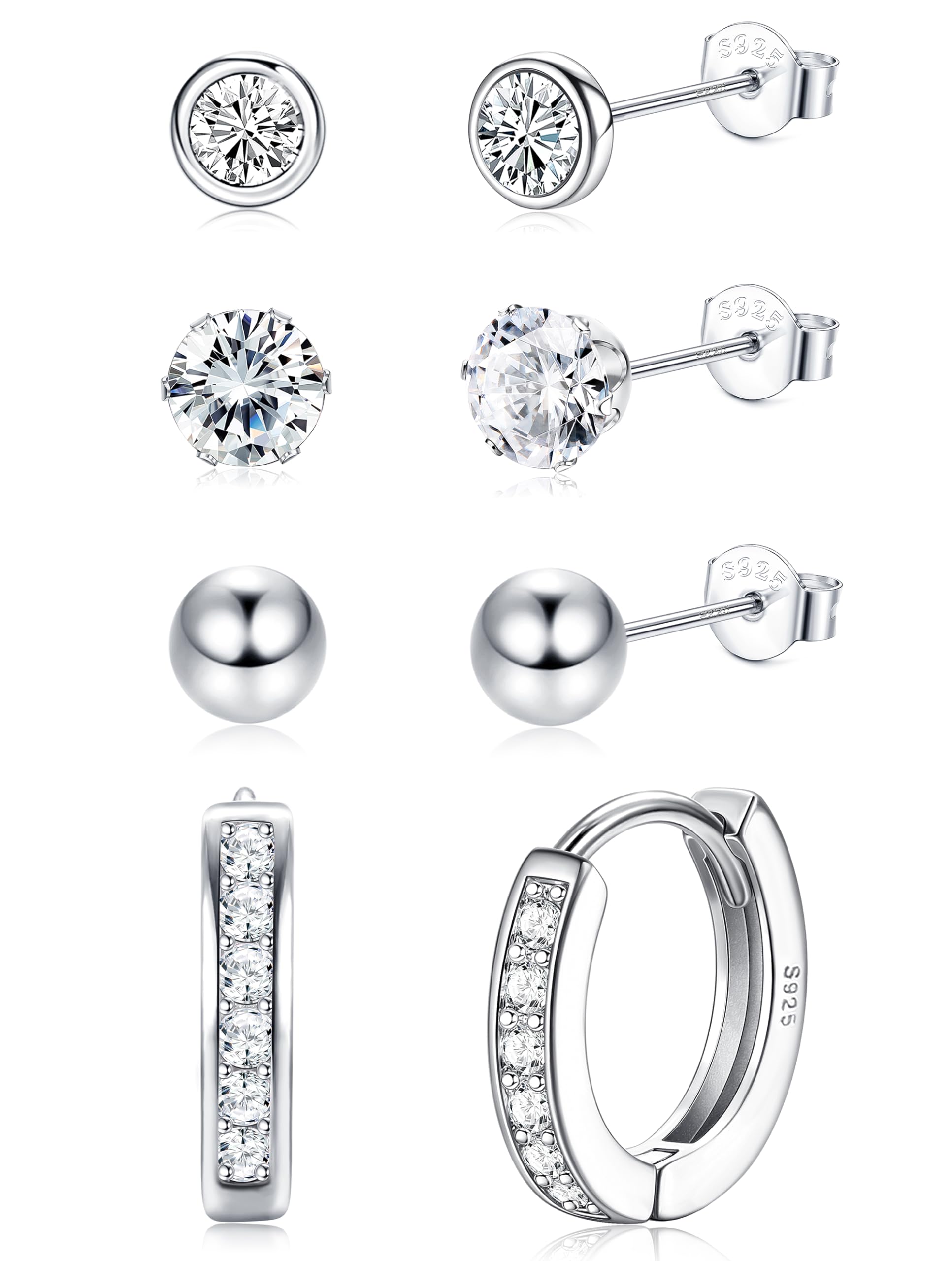 LOLIAS 4 Pares de Pendientes de Ttuerca de Plata de ley 925 Para Mujeres Juego de Pendientes de Aro de Hipoalergénicos Juego de Pendientes de Aro de Circonita Cúbica de Cartílago Pequeño