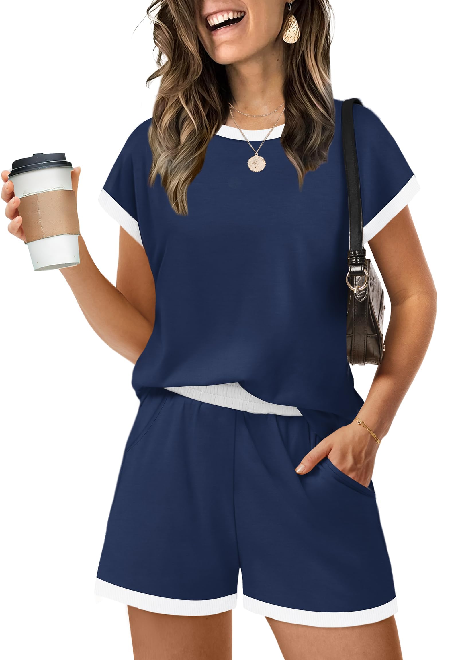 Desol Damen Freizeit Hausanzug Zweiteiler Sommer Outfits Jogginganzug Trainingsanzug Kurzärmelig und Shorts Loungewear
