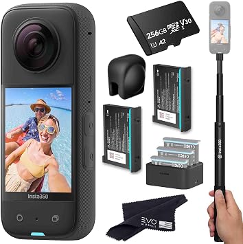 Insta360 X3 Battery Bundle- Waterproof 360 Action Camera Bundle Includes Extra 2 Batteries, Charger, Invisible Selfie Stick, Lens Cap & 256GB Memory Card