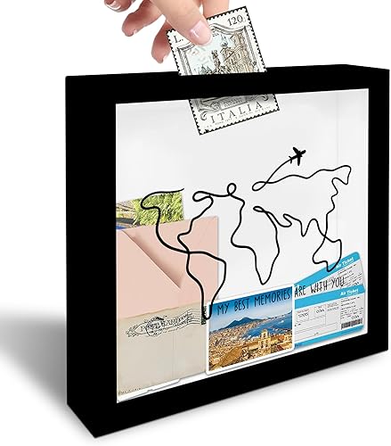 Vista 11 de Marco negro de caja de sombra de viaje de 8 x 8 pulgadas, boceto de mapa global, pantalla de viaje de madera ahorradora de memoria con ranura