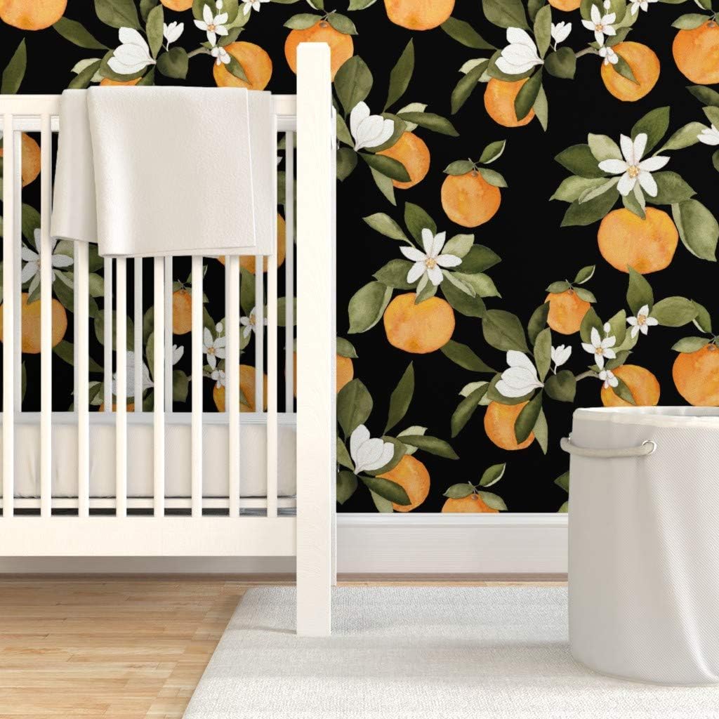 Peel & Stick Wallpaper Swatch - Orange Blossom Dark Oranges Blossoms Fruit Leaves Watercolor Citrus Clementine Custom Removable Wallpaper by Spoonflower