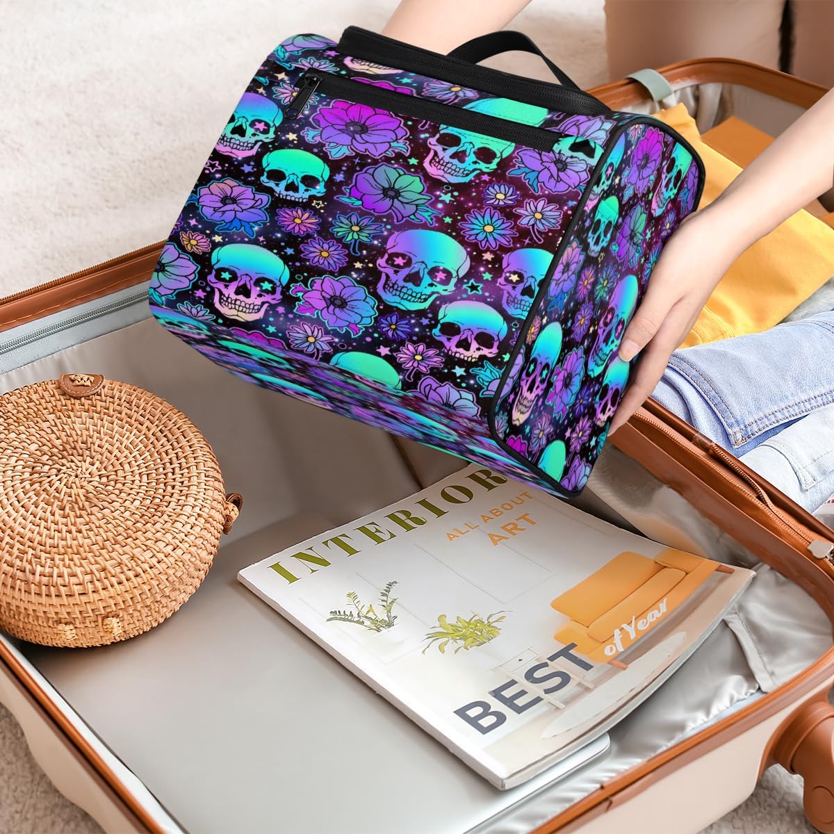 Toiletry Bag for Women, Colorful Skull Flower Universe Hanging Travel Toiletry Bag, Water-resistant Cosmetic Makeup Organizer for Toiletries and Cosmetics, Bathroom Shower Bag with Handle and Hook
